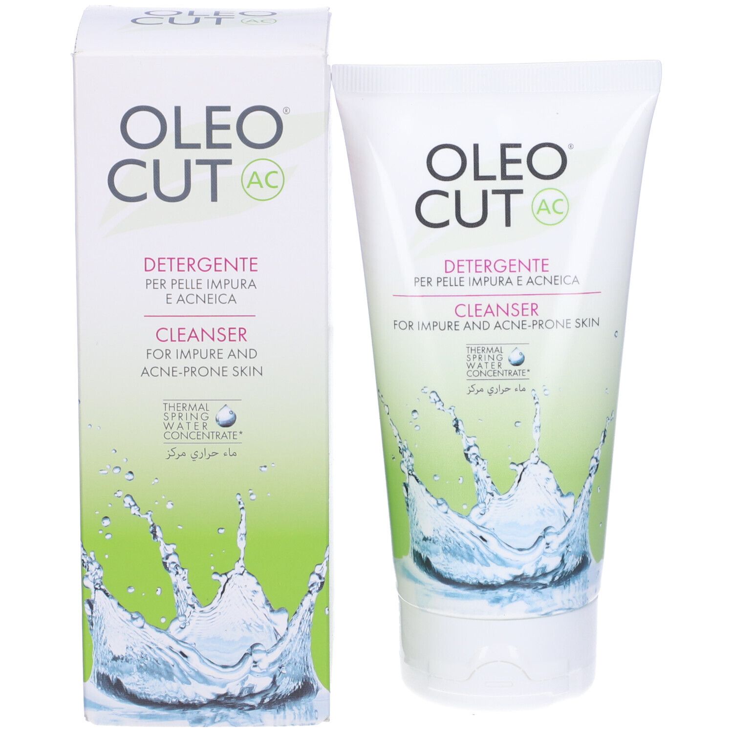 Produktverpackung und Tube nebeneinander. Beide zeigen Produktnamen und Text. Wasser-Grafik.