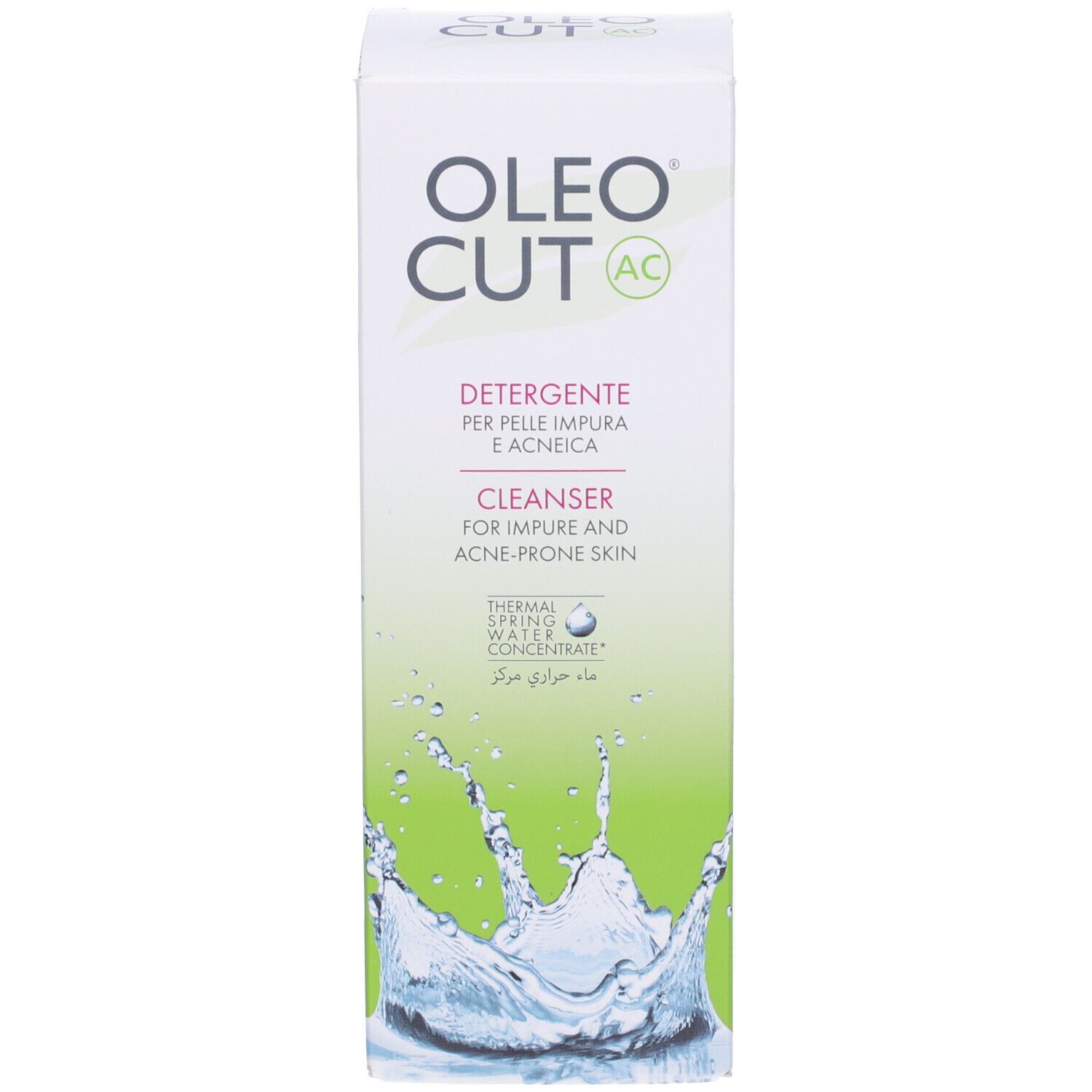 Weiße Verpackung mit Produktnamen und grünen Akzenten. Text: Detergente, Cleanser. Wasser-Grafik.