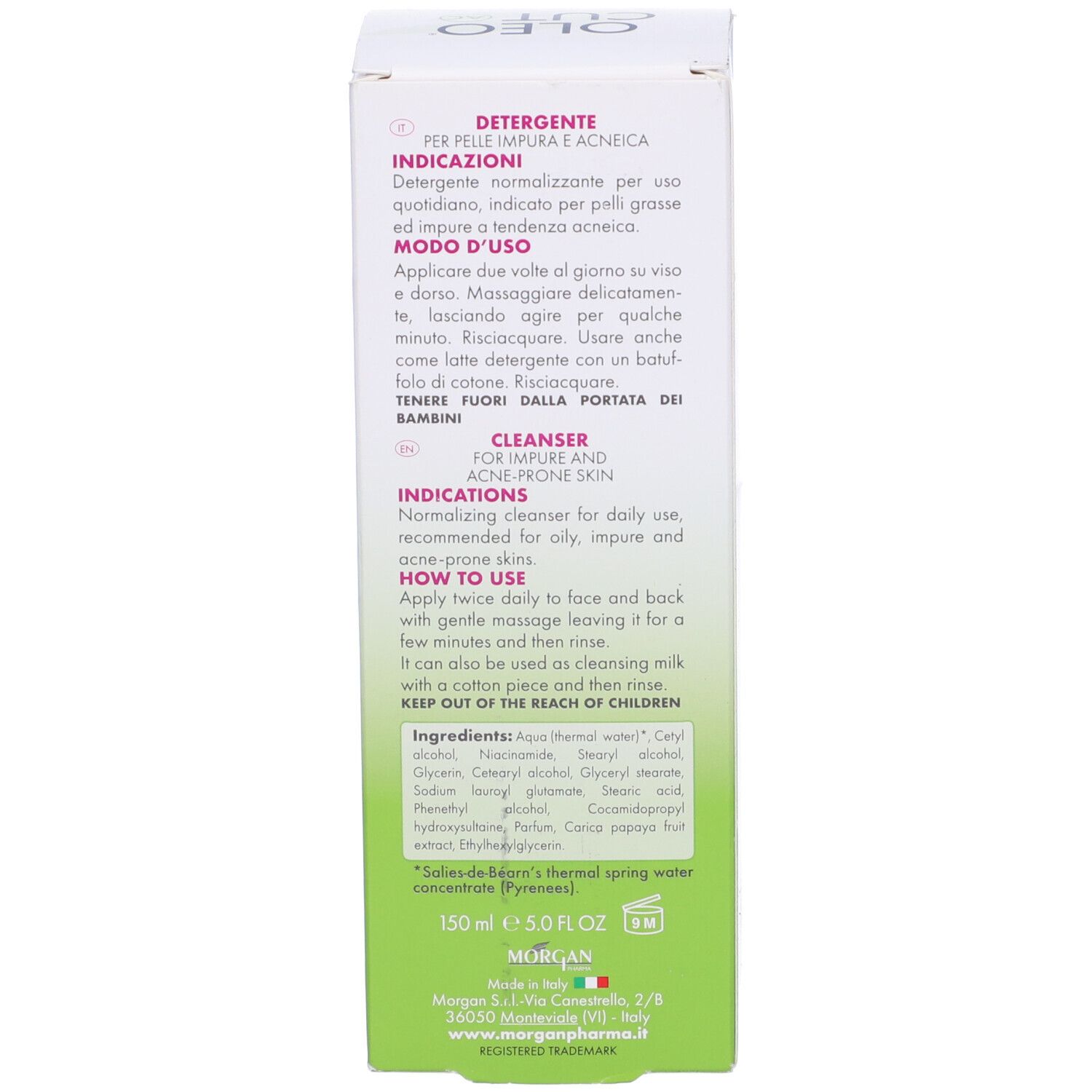 Rückseite der Verpackung mit Text in mehreren Sprachen. Enthält Informationen und Inhaltsstoffe.