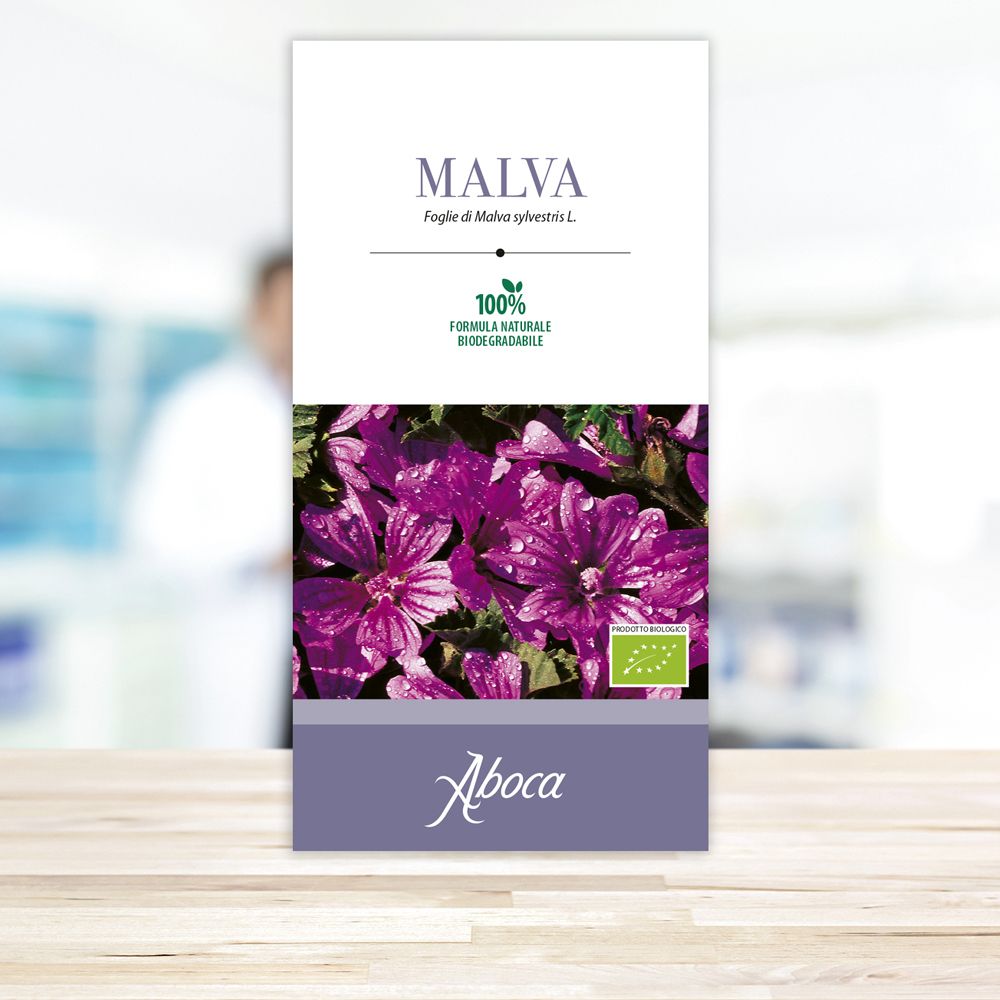 Verpackung mit Malva-Blüten und Text: MALVA, Aboca, 100% biologisch abbaubar. Bio-Siegel.