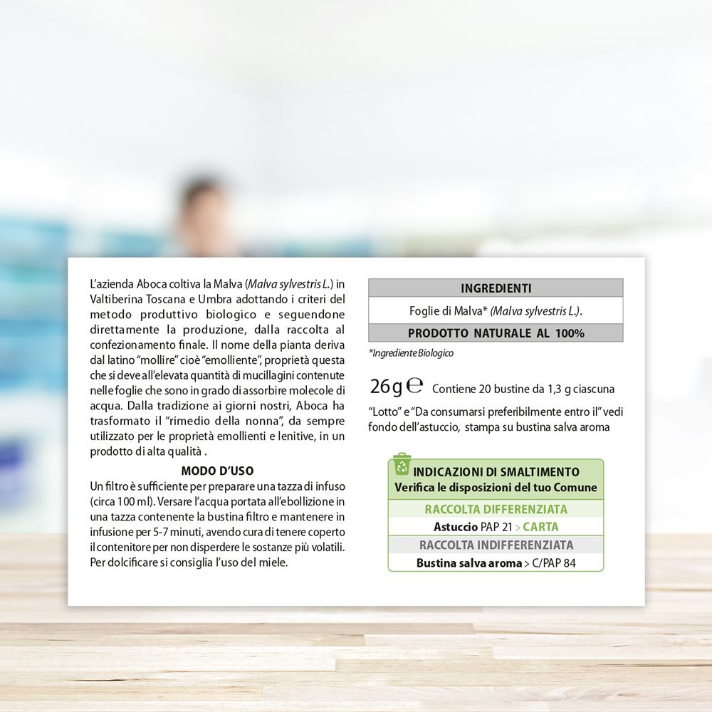 Verpackung mit Text und Inhaltsangaben. Enthält 20 Beutel à 1,3 g. Text: Inhaltsstoffe, Gebrauchsanweisung, Aboca.