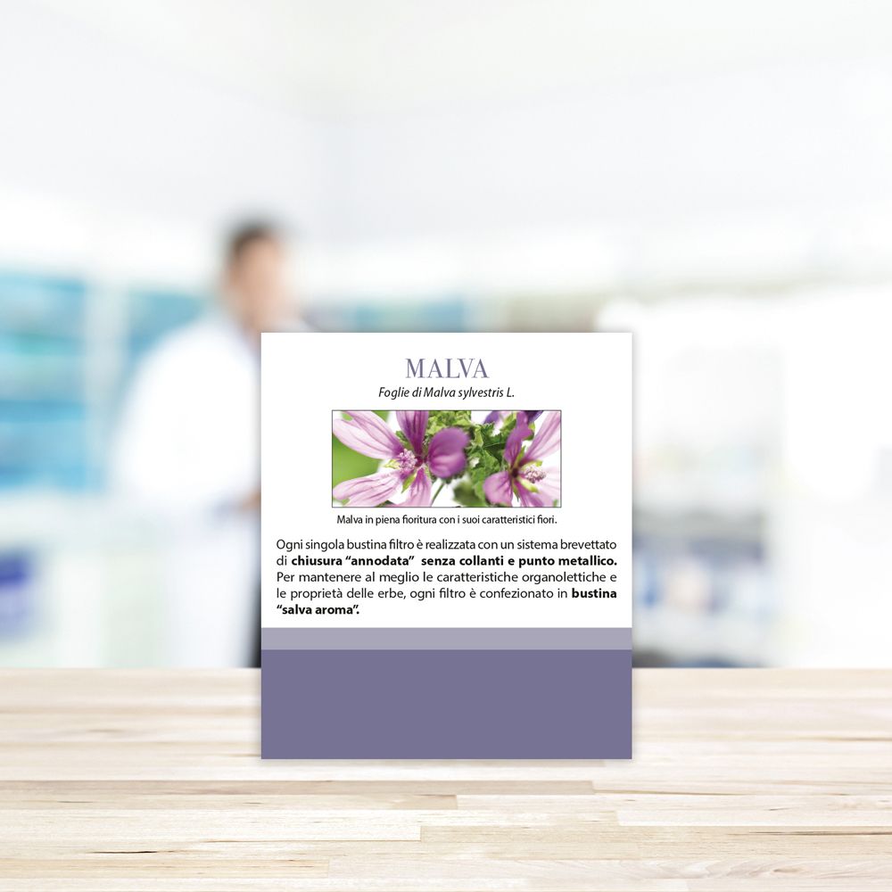 Verpackung mit Malva-Blüten und Text: MALVA, Aboca. Einzelne Beutel ohne Klebstoff und Metallklammern.