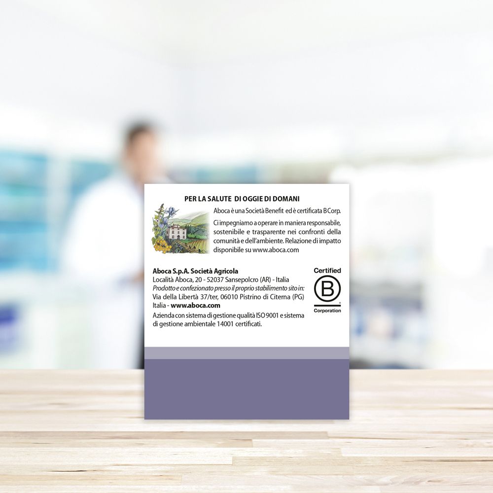 Verpackung mit Text: Aboca, B Corp-Zertifizierung. Adresse und Kontaktinformationen. Logo.