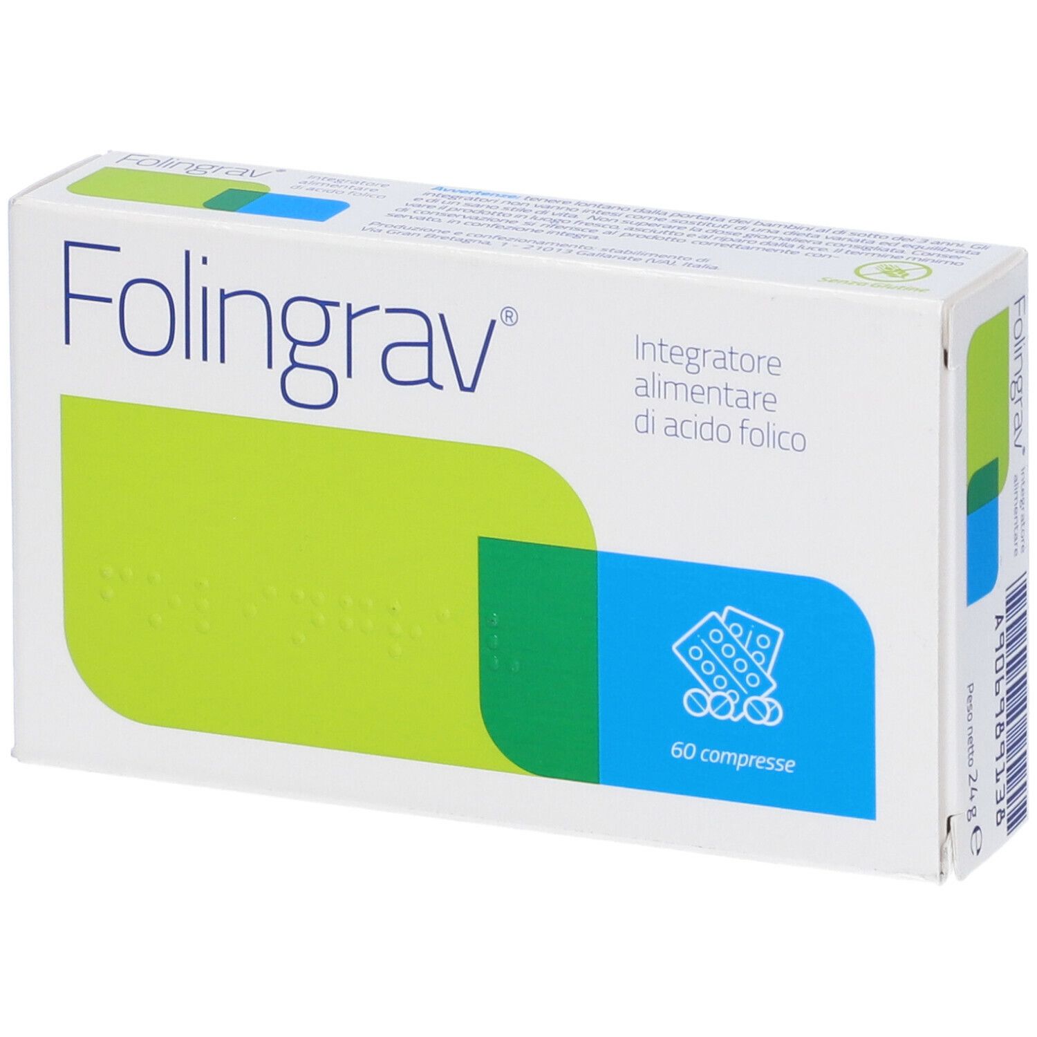Boîte "Folingrav" avec logo, accents verts et bleus. Contient 60 comprimés.