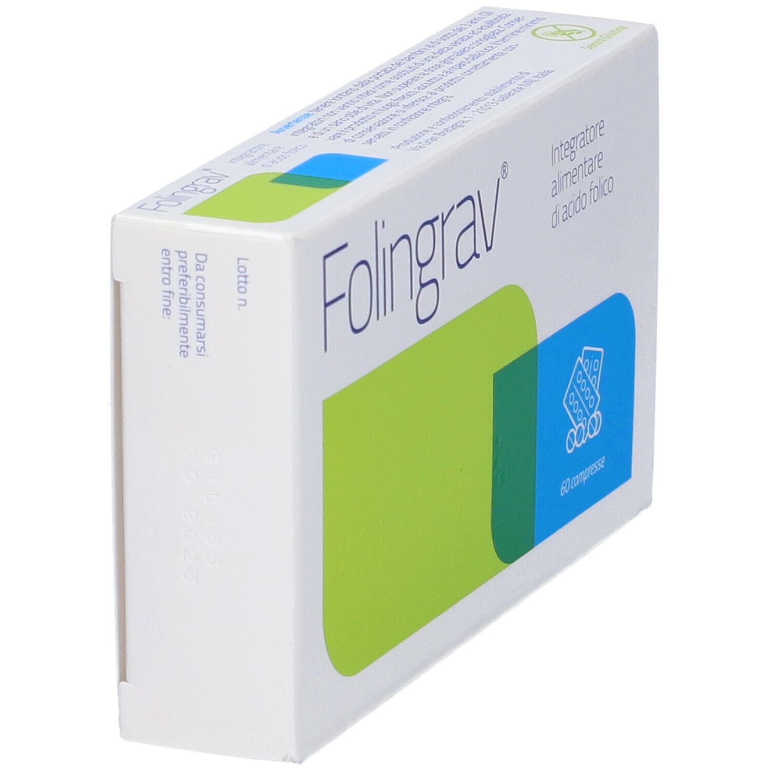 Boîte "Folingrav" avec logo, accents verts et bleus. Contient 60 comprimés, vue oblique.