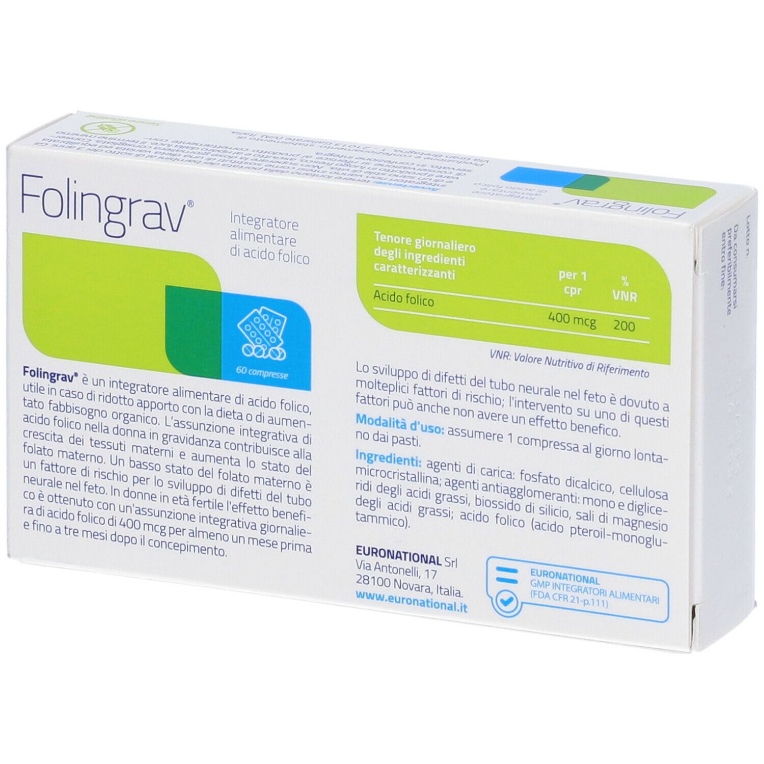 Boîte "Folingrav" avec logo, accents verts et bleus. Contient 60 comprimés, dos.