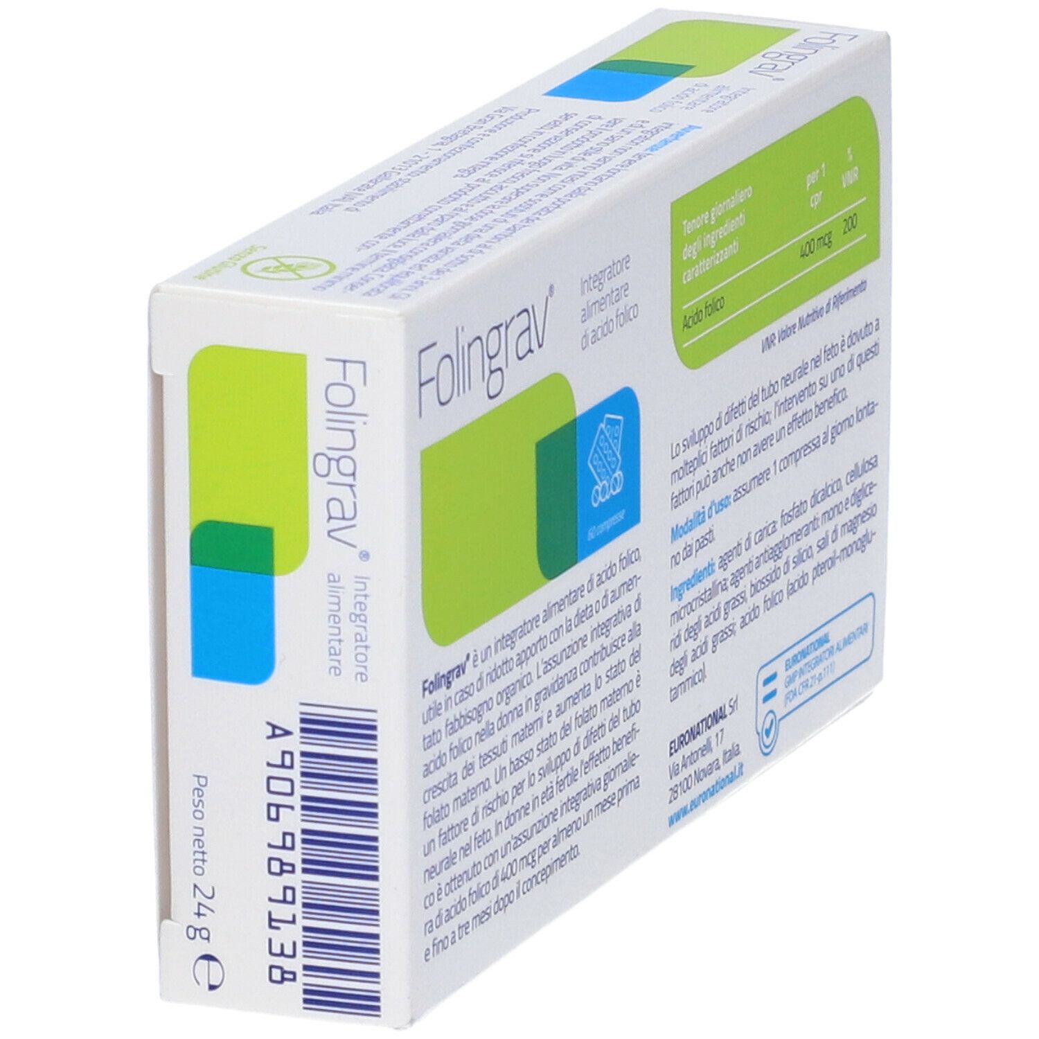 Boîte "Folingrav" avec logo, accents verts et bleus. Contient 60 comprimés, vue oblique.
