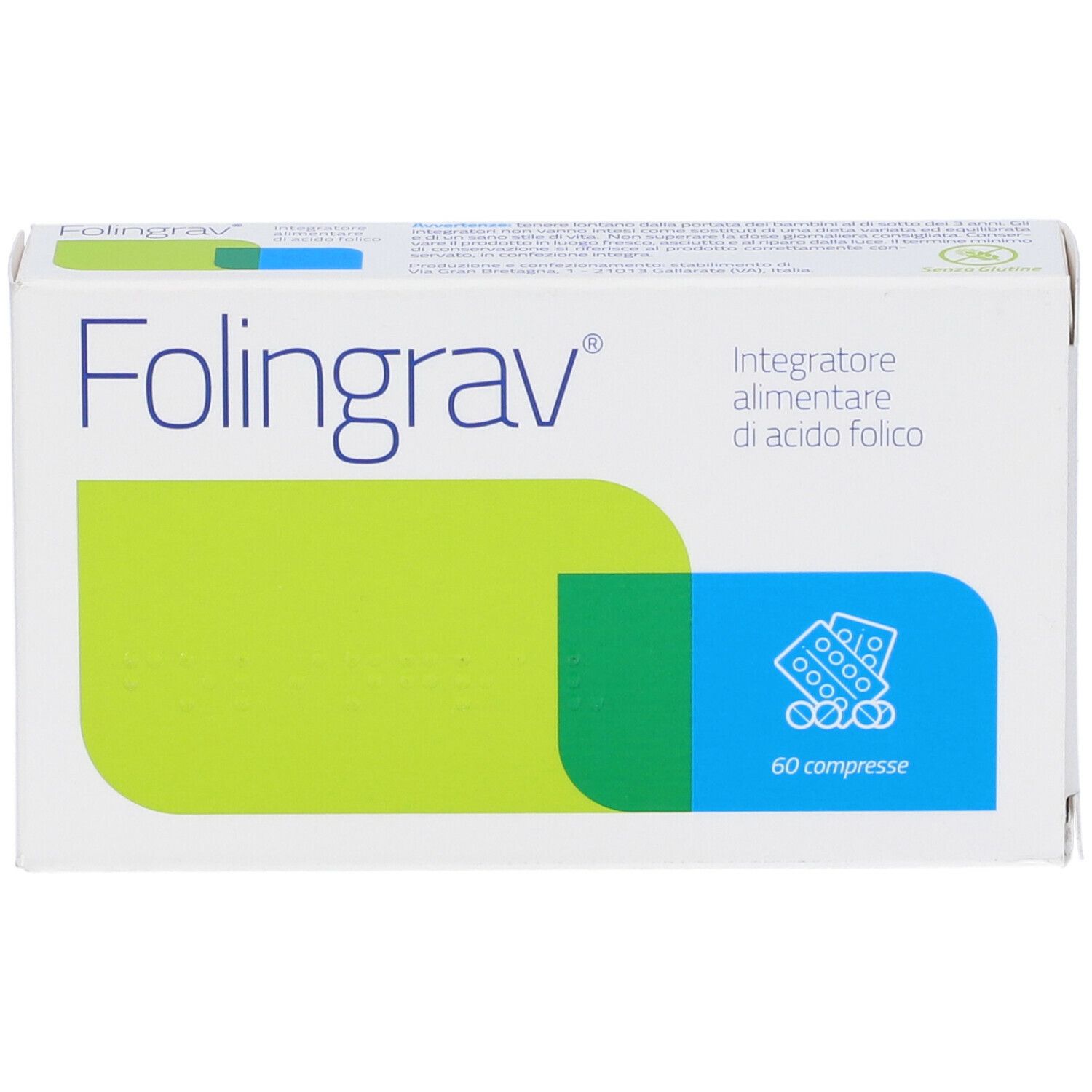 Boîte "Folingrav" avec logo, accents verts et bleus. Contient 60 comprimés.
