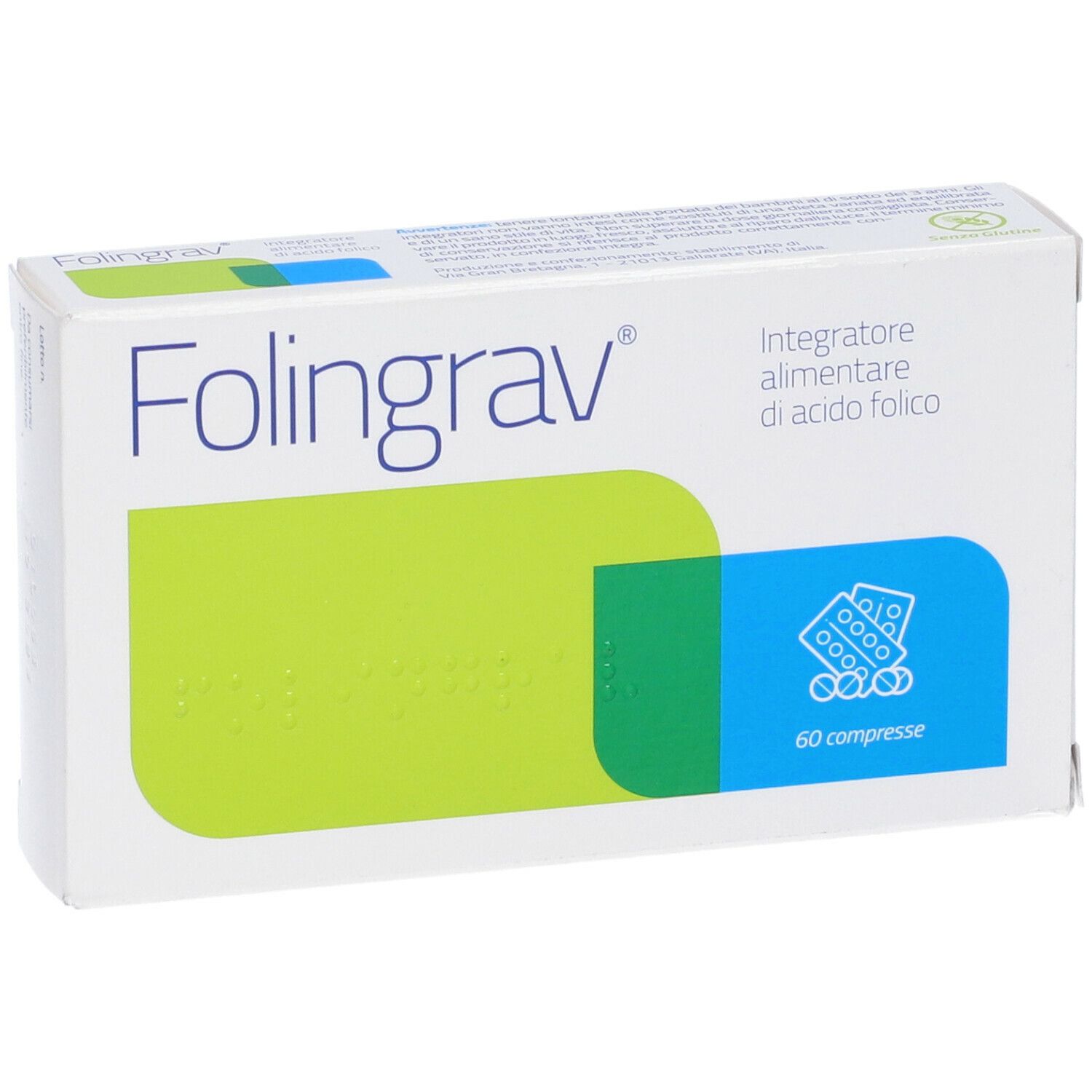 Boîte "Folingrav" avec logo, accents verts et bleus. Contient 60 comprimés.