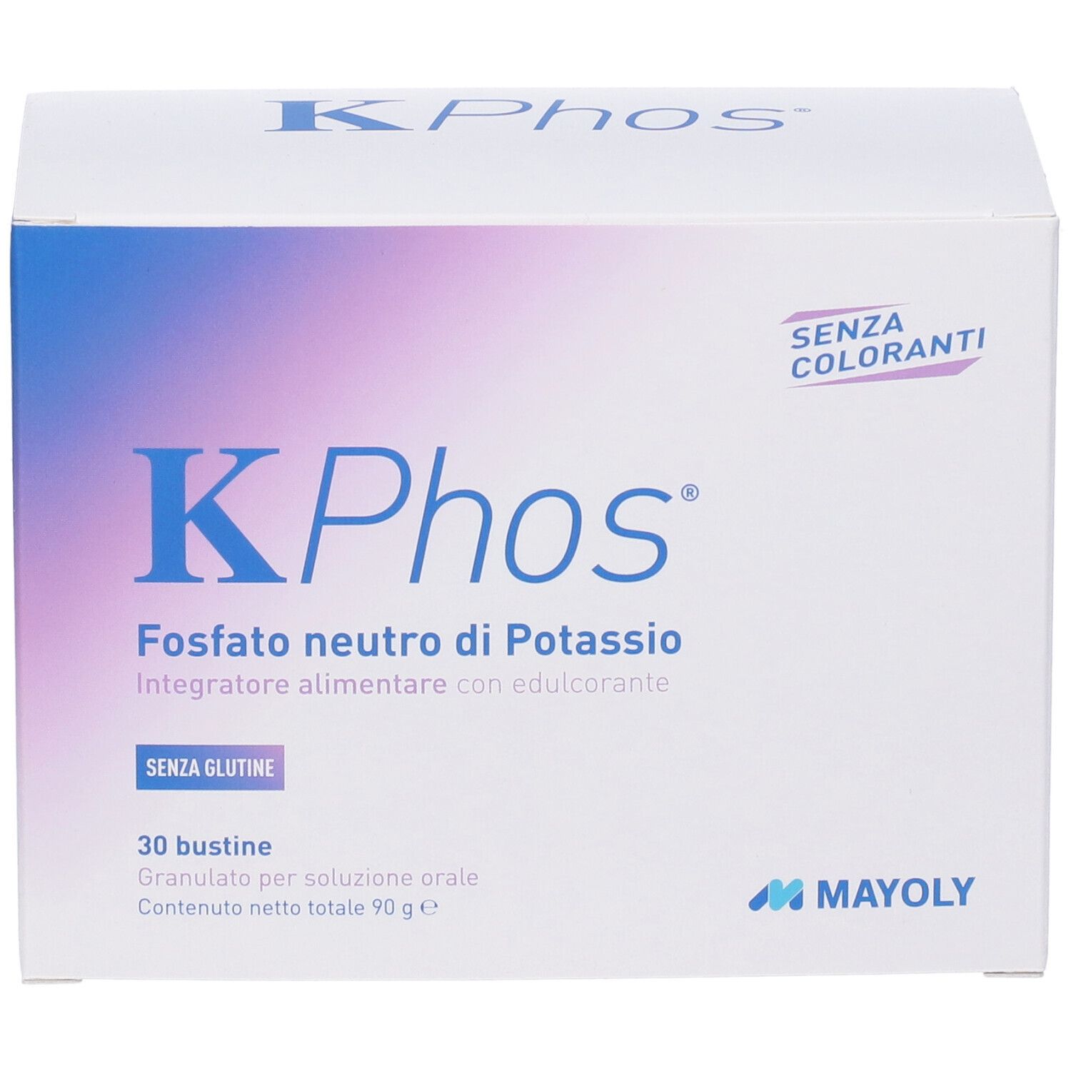 Boîte de KPhos, phosphate de potassium, 30 sachets. Inscription : Sans colorants, sans gluten. Logo MAYOLY.