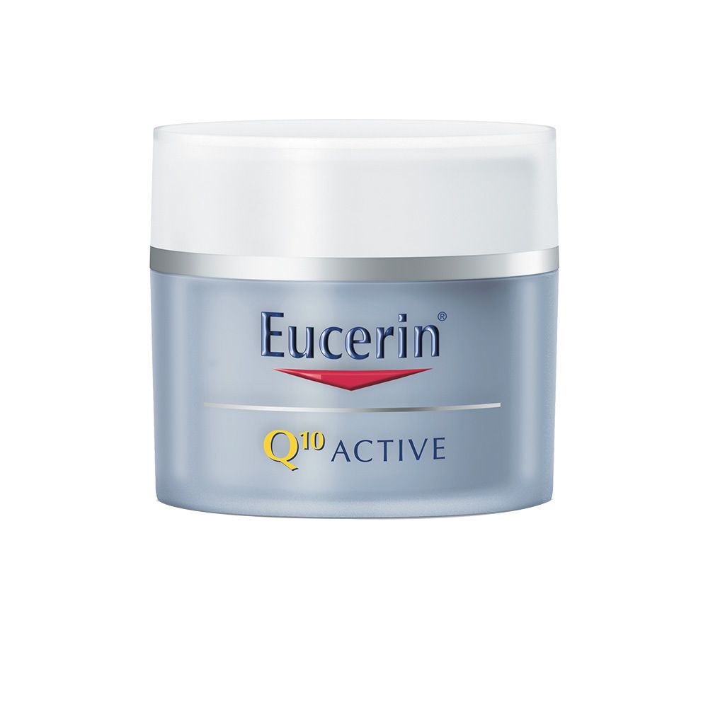 Pot de crème bleu clair avec couvercle blanc. Inscription: Eucerin, Q10 ACTIVE.