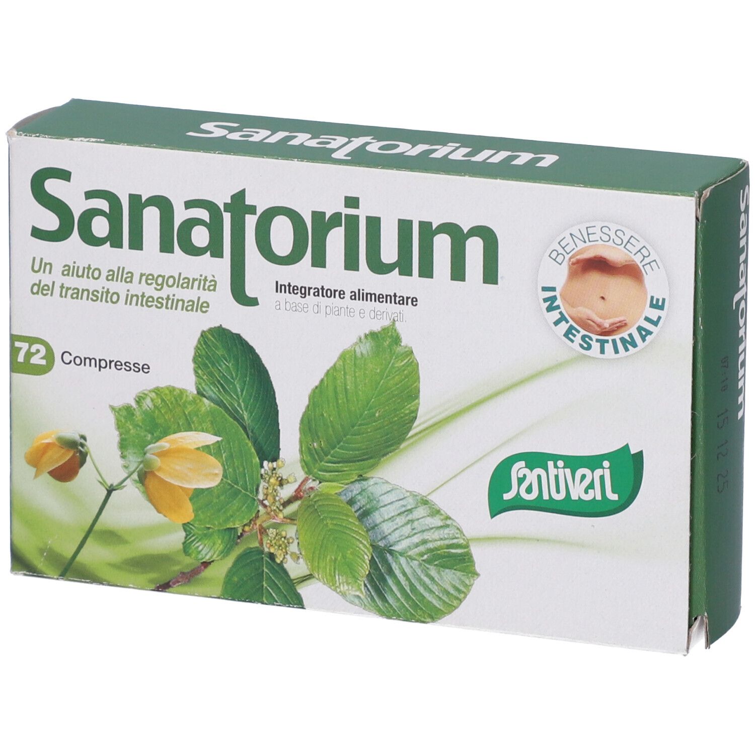 Boîte "Sanatorium" avec dessus vert. Contient "72 Compresse" et logo Santiveri. Design floral.