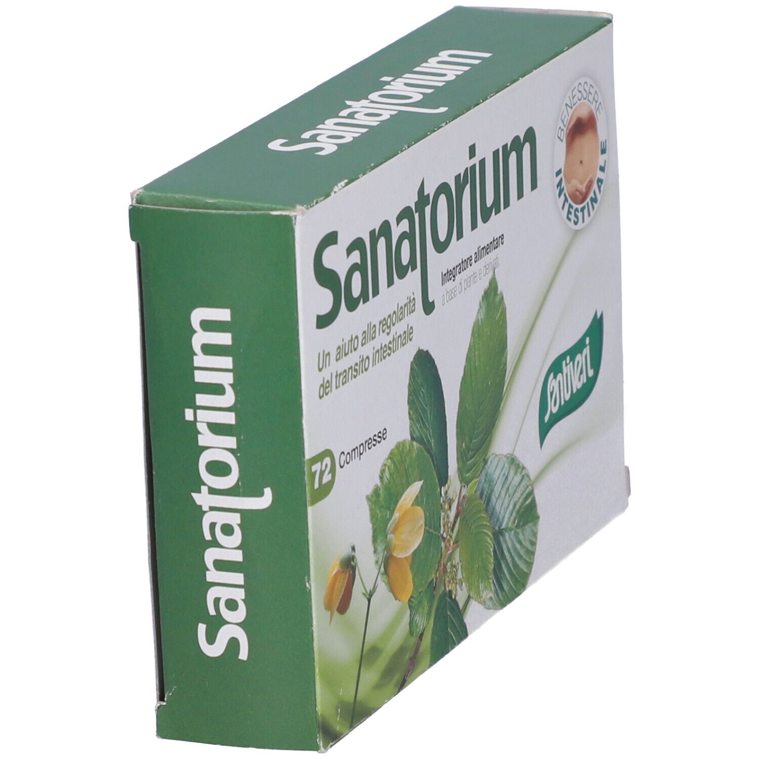 Boîte "Sanatorium" avec dessus vert. Contient "72 Compresse" et logo Santiveri. Design floral.