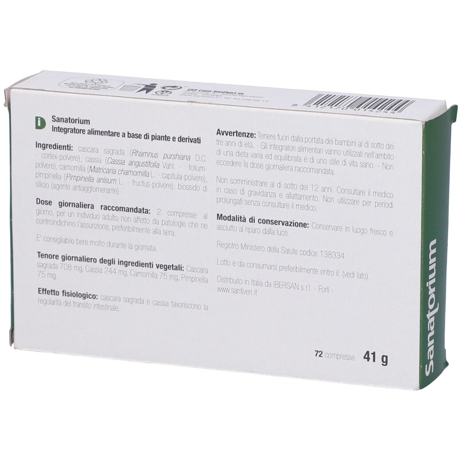 Boîte "Sanatorium" avec côté vert. Contient "72 Compresse" et logo Santiveri. Design floral.