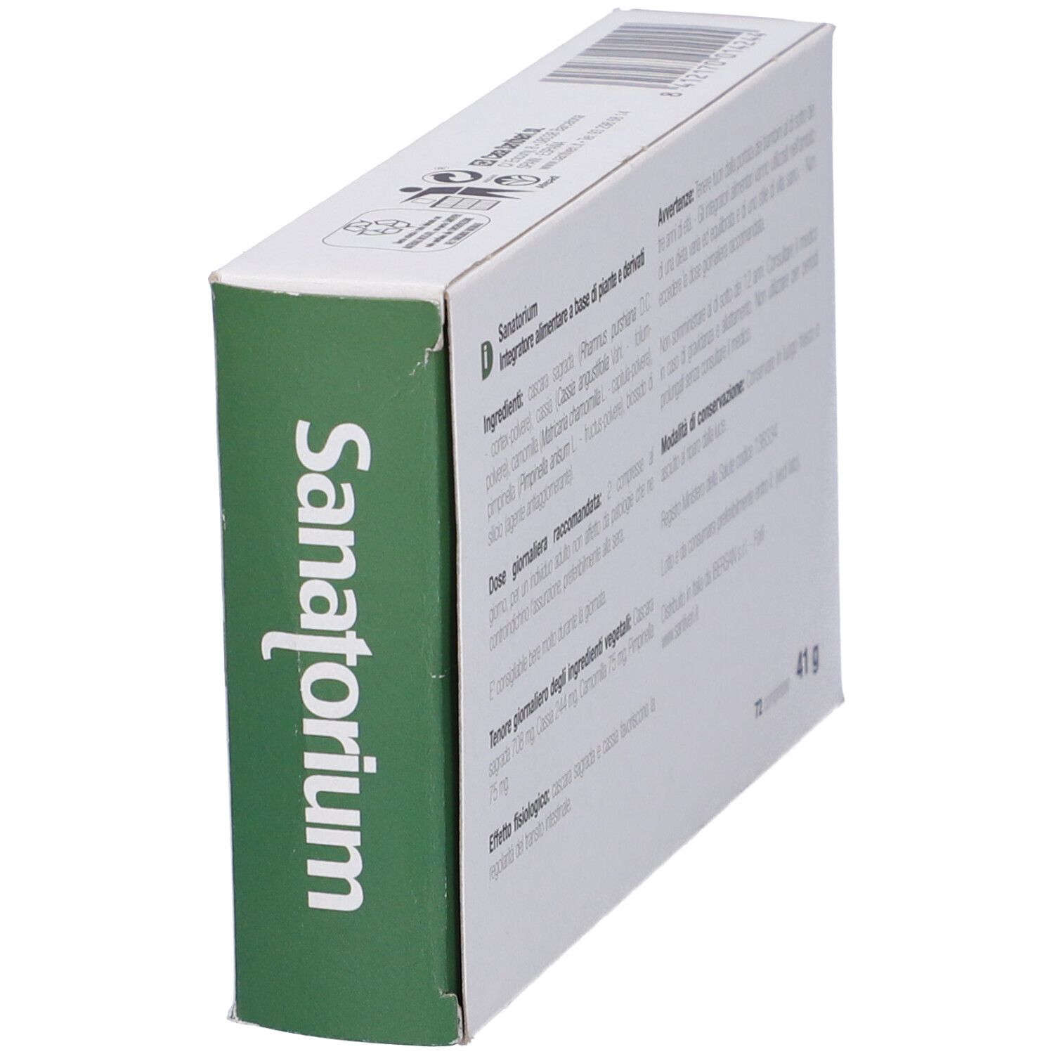 Dos de la boîte "Sanatorium". Texte en italien. Contient des informations sur les ingrédients et le dosage.