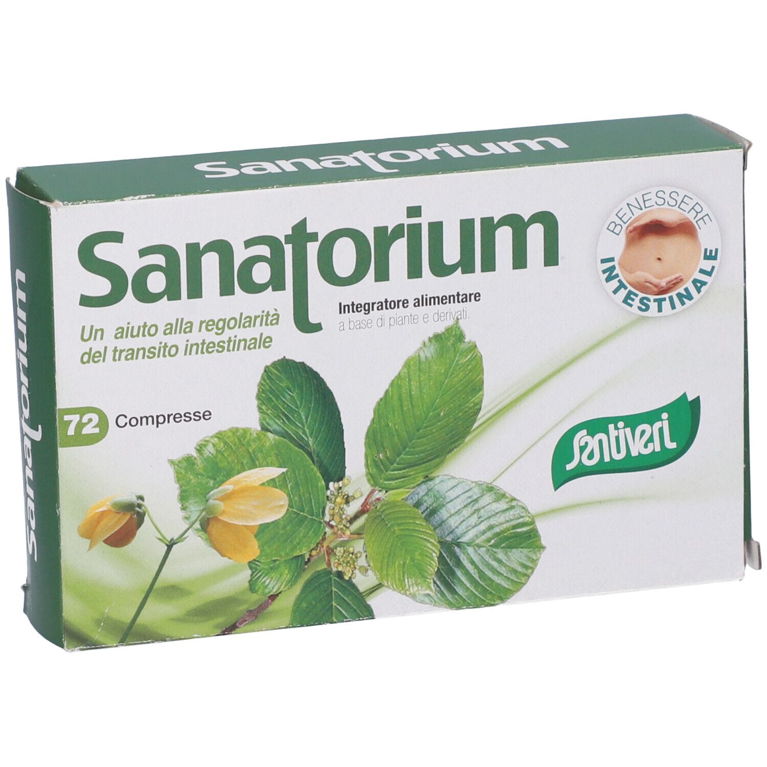 Boîte "Sanatorium" avec dessus vert. Contient "72 Compresse" et logo Santiveri. Design floral.