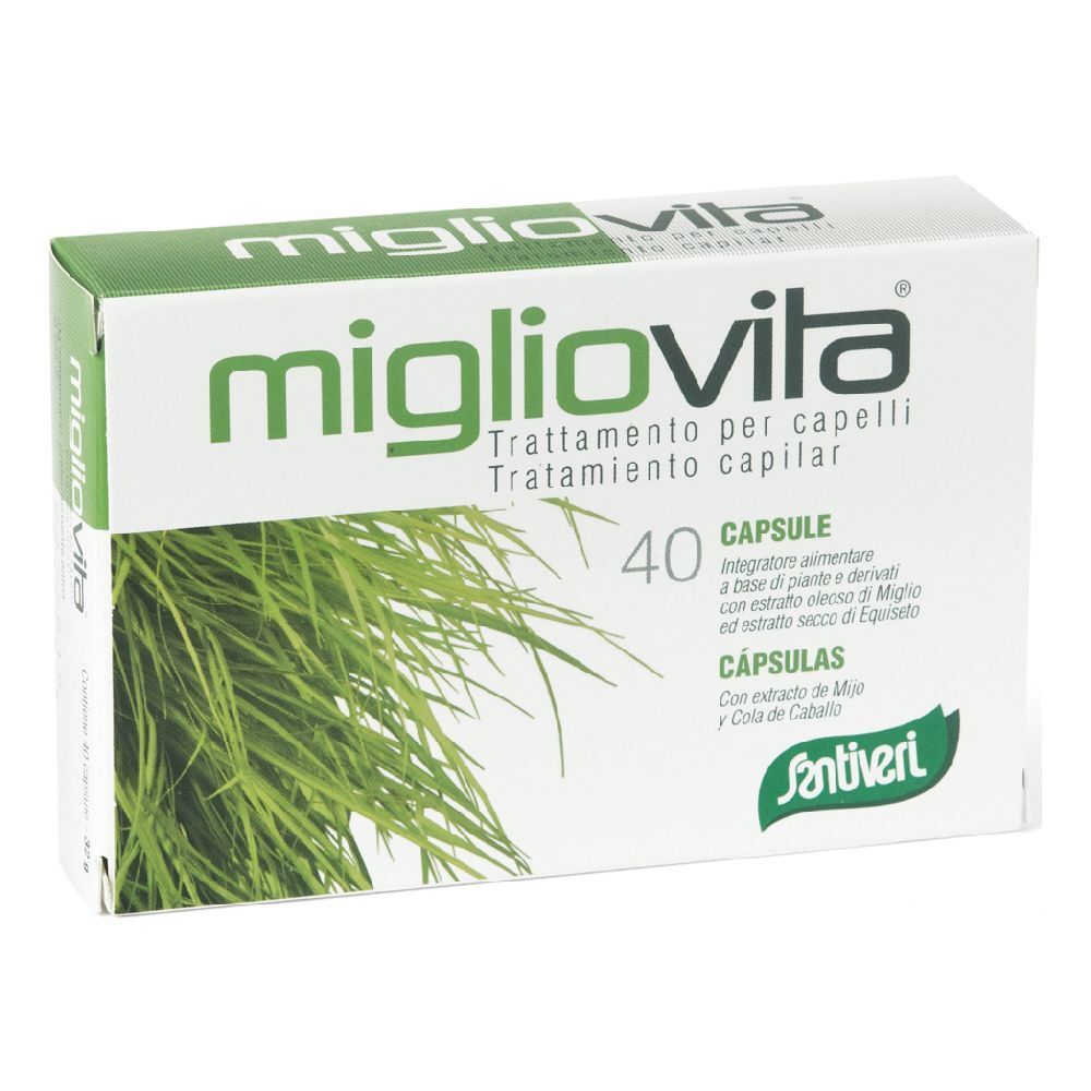 Boîte verte avec logo "Migliovita" et 40 gélules. Texte : "Trattamento per capelli". Illustration d'herbe.