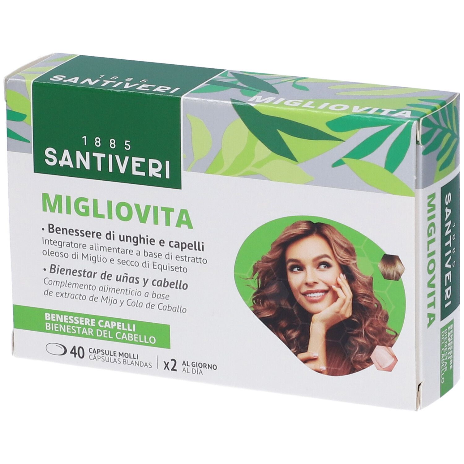 Boîte avec logos "Migliovita" et "Santiveri". Image d'une femme aux cheveux bruns. Texte : 40 gélules, 2 par jour.