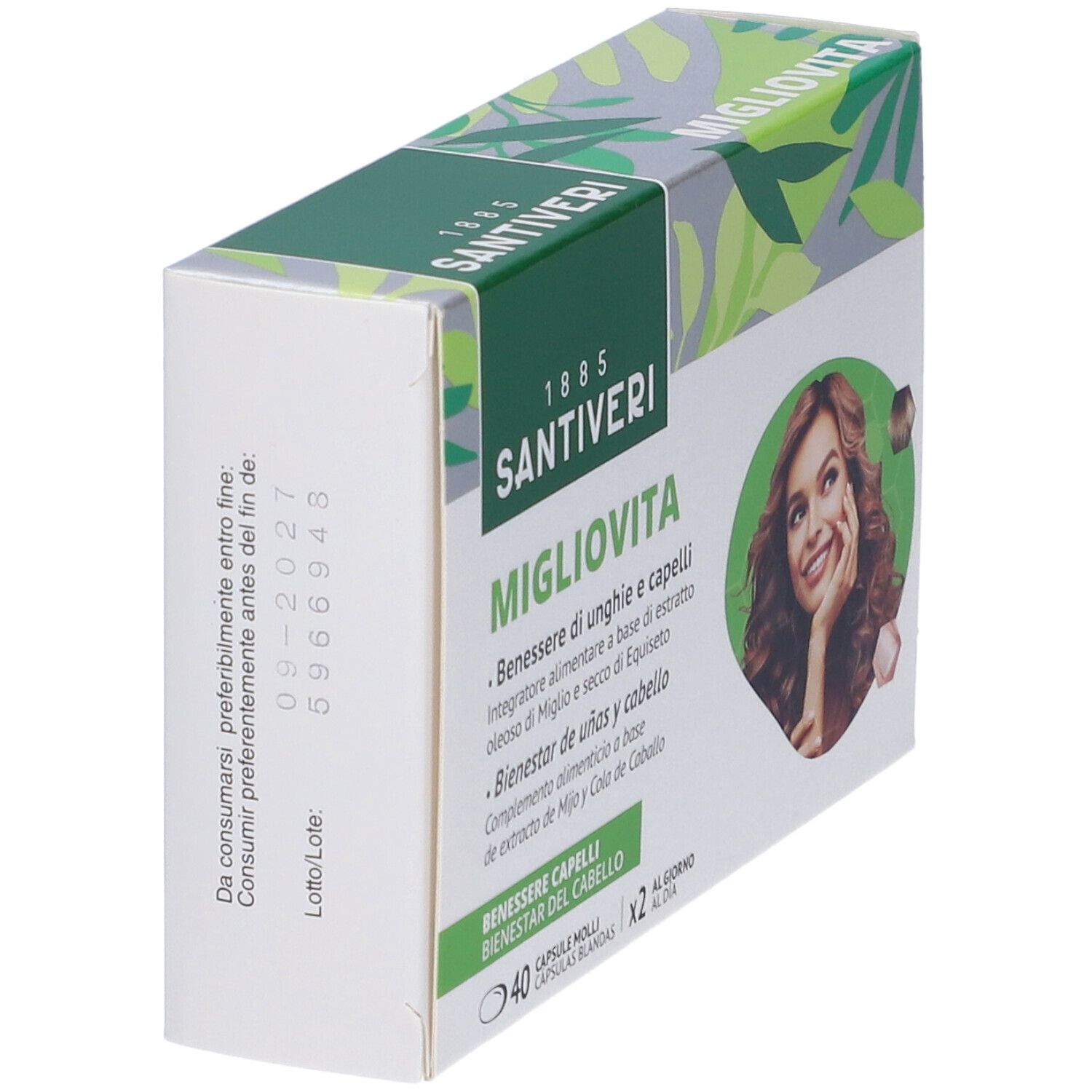 Boîte avec logos "Migliovita" et "Santiveri". Image d'une femme aux cheveux bruns. Texte : 40 gélules, 2 par jour.
