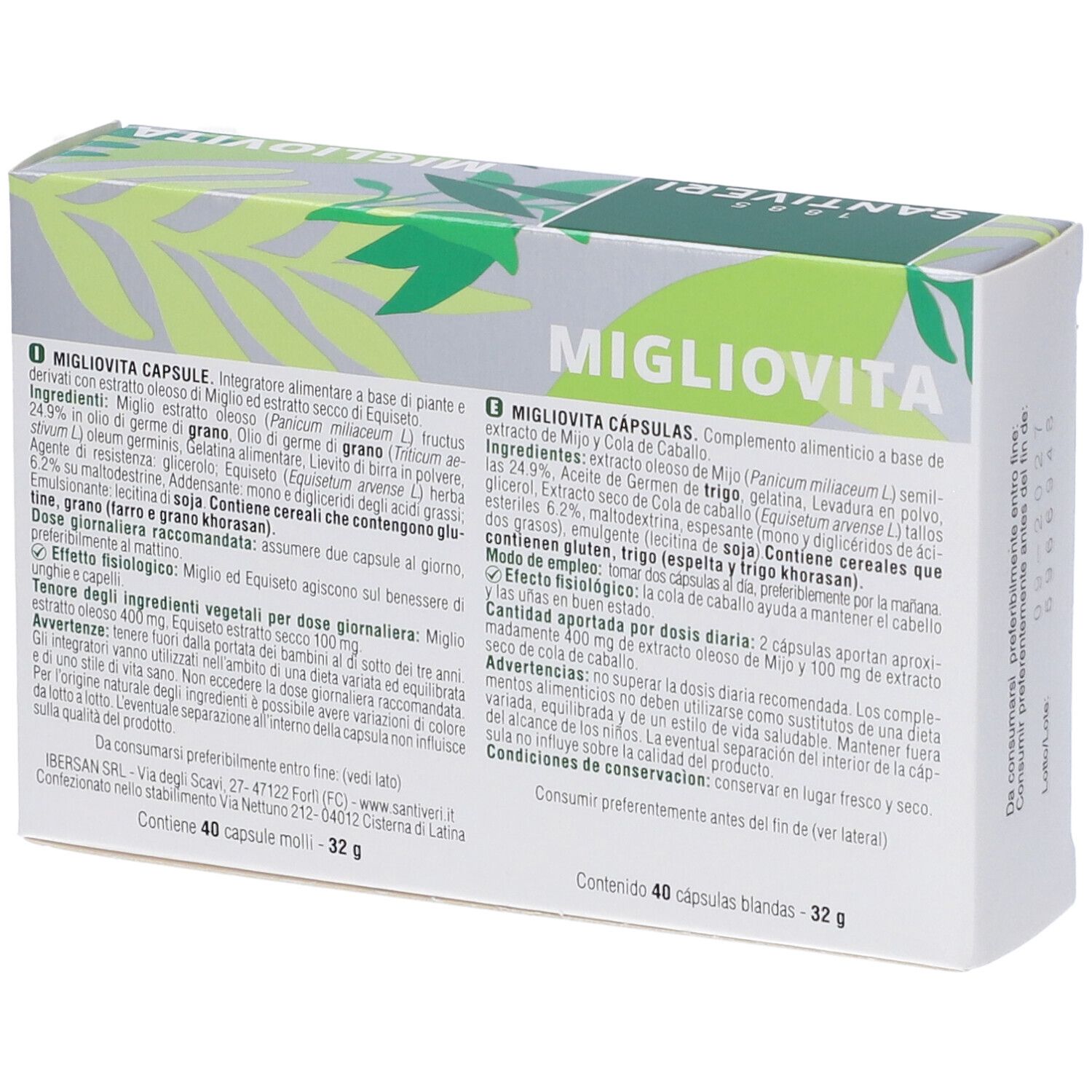 Dos de la boîte "Migliovita". Texte : ingrédients, instructions d'utilisation. 40 gélules. Marque Santiveri.