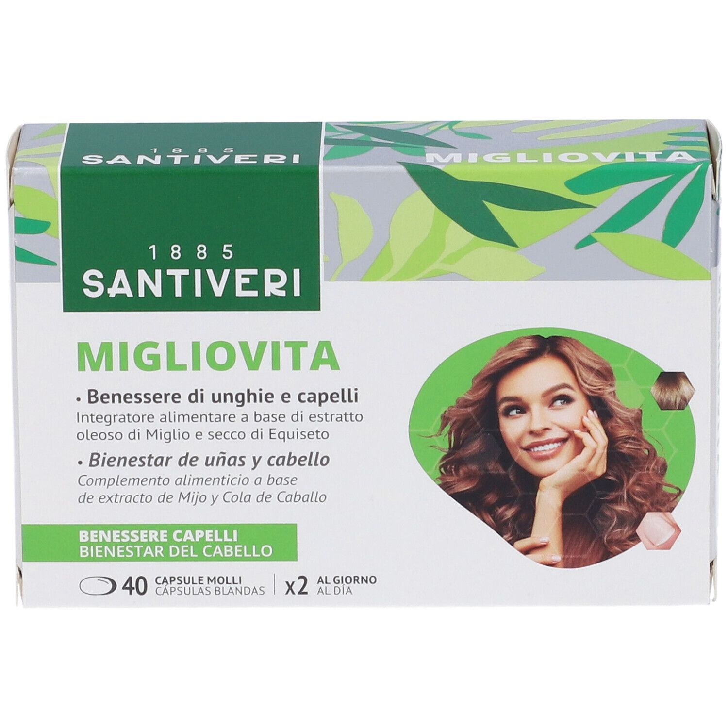 Boîte avec logos "Migliovita" et "Santiveri". Image d'une femme aux cheveux bruns. Texte : 40 gélules, 2 par jour.