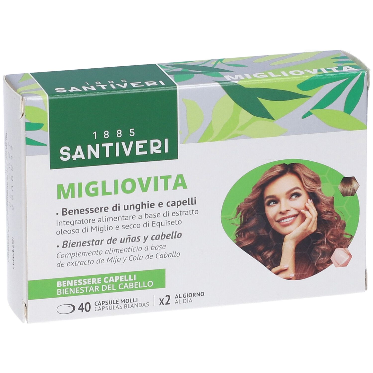 Boîte avec logos "Migliovita" et "Santiveri". Image d'une femme aux cheveux bruns. Texte : 40 gélules, 2 par jour.