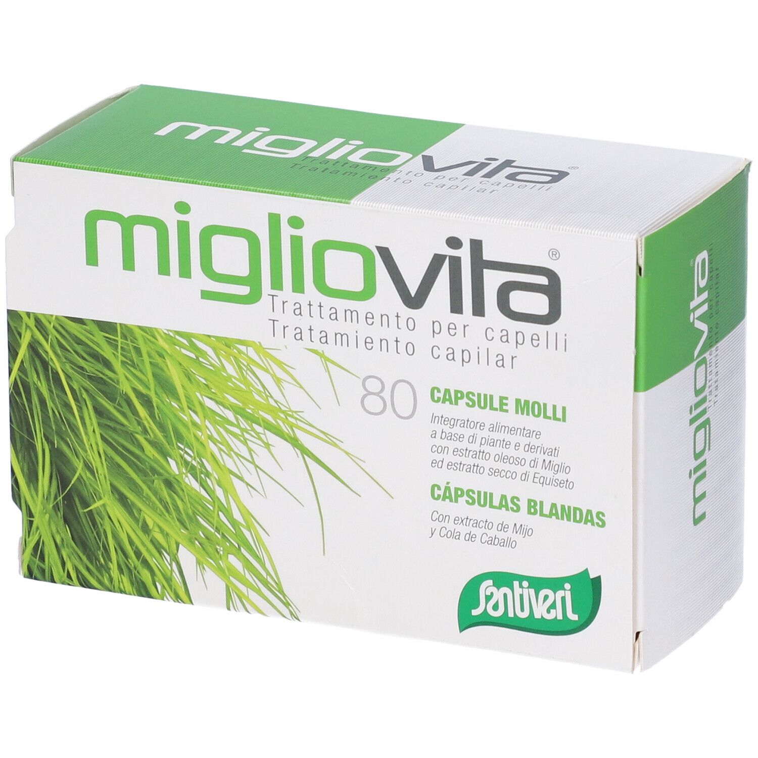 Boîte 'migliovita'. Emballage vert et blanc avec 80 capsules. Texte en italien et espagnol.