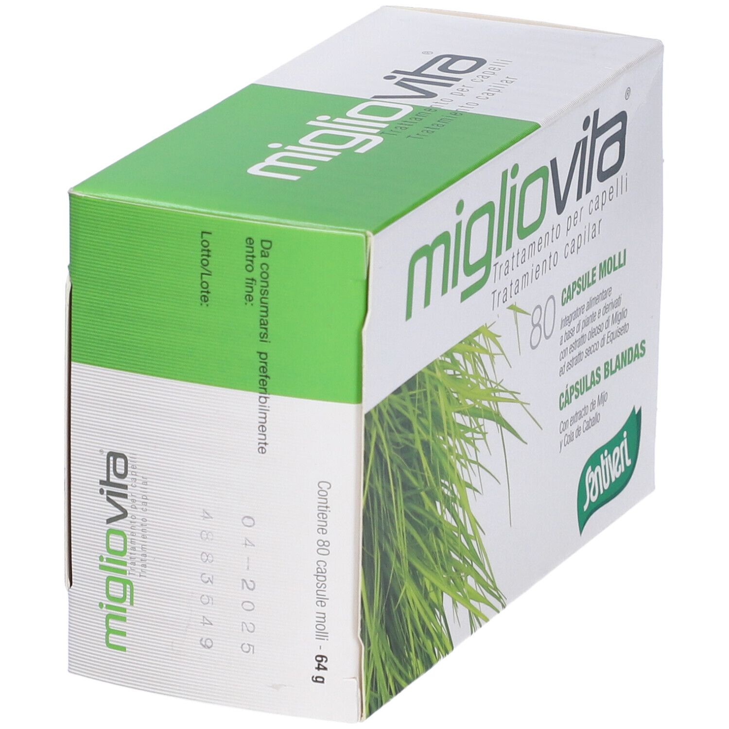 Boîte 'migliovita' en biais. Emballage vert et blanc avec texte et 80 capsules. Logo 'Santiveri'.