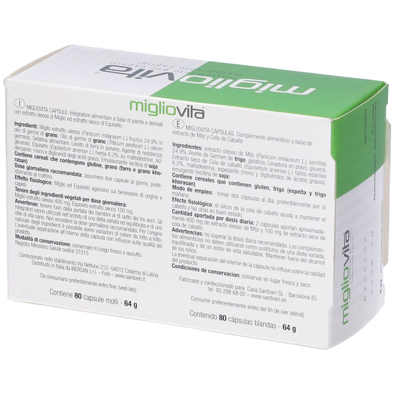 Boîte 'migliovita' ouverte. Texte en italien et espagnol. Contient 80 capsules. Logo 'Santiveri'.