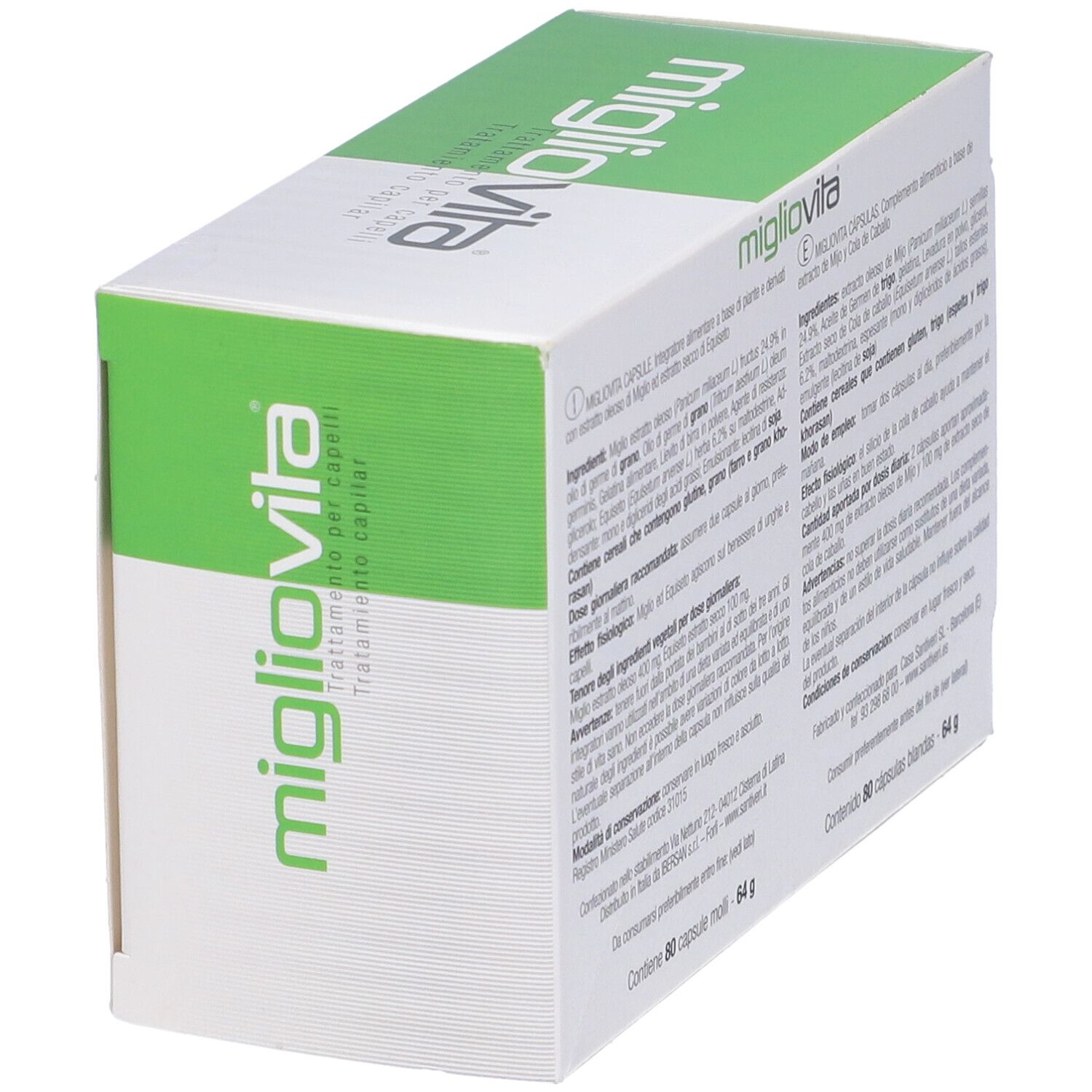 Boîte 'migliovita' en biais. Emballage vert et blanc avec texte et 80 capsules. Logo 'Santiveri'.