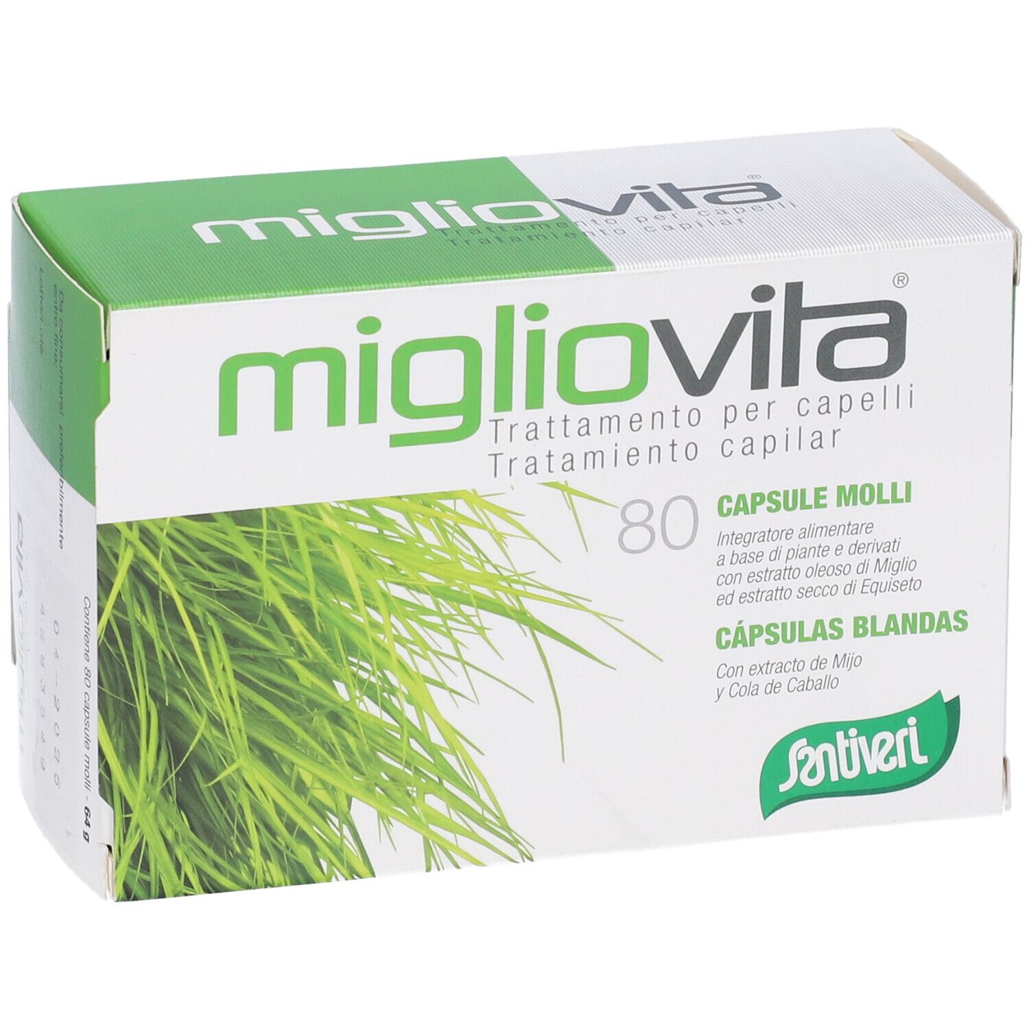 Boîte 'migliovita'. Emballage vert et blanc avec 80 capsules. Texte en italien et espagnol. 'Santiveri'.