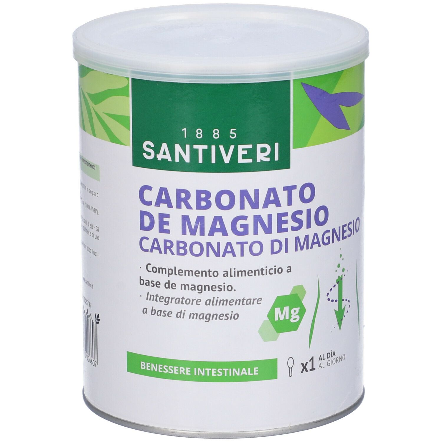 Boîte ronde avec couvercle blanc. Inscription : Carbonato de Magnesio. Marque : Santiveri. Emballage vert et blanc.