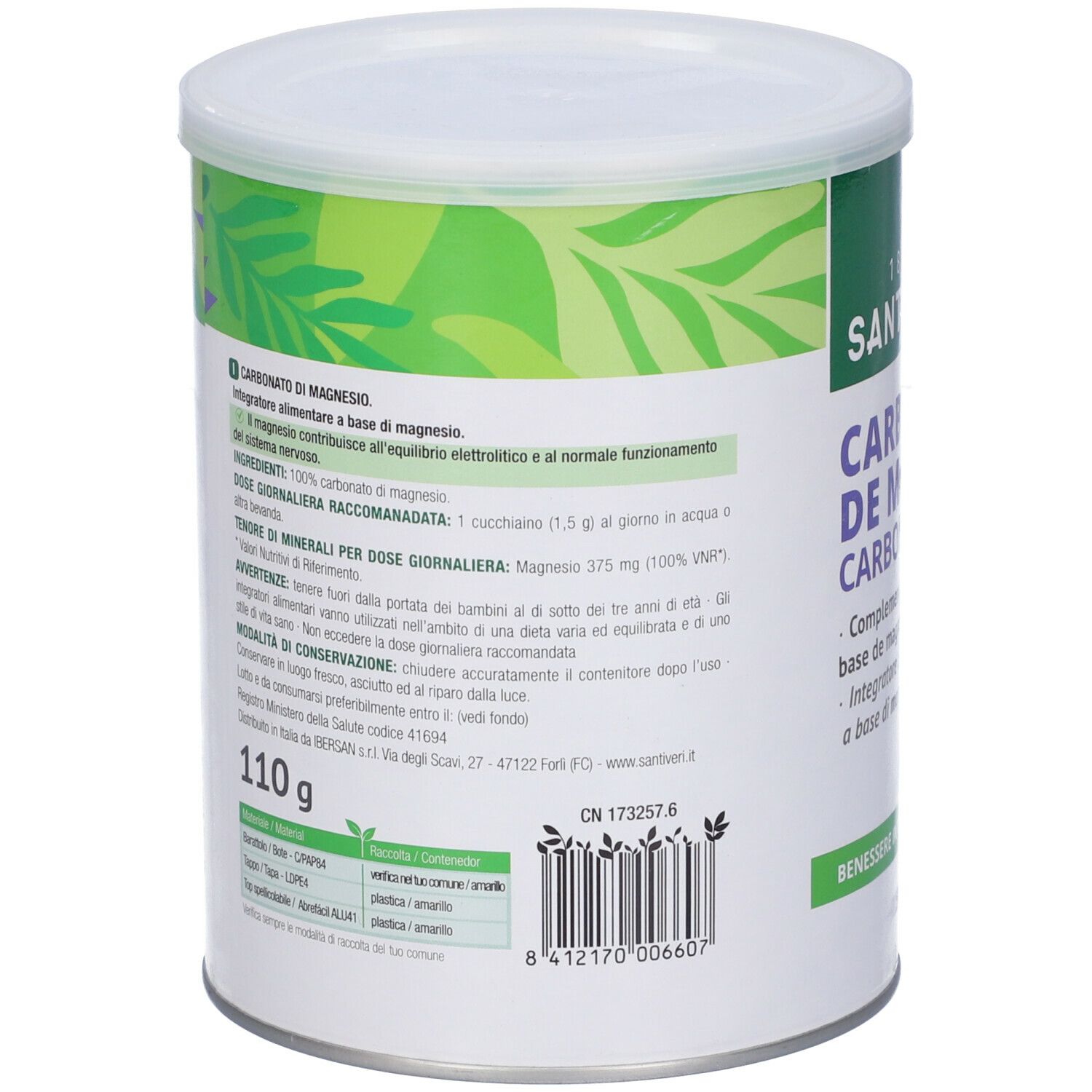 Boîte ronde avec couvercle blanc. Dos avec texte. Inscription : Carbonato de Magnesio. Marque : Santiveri. 110g.