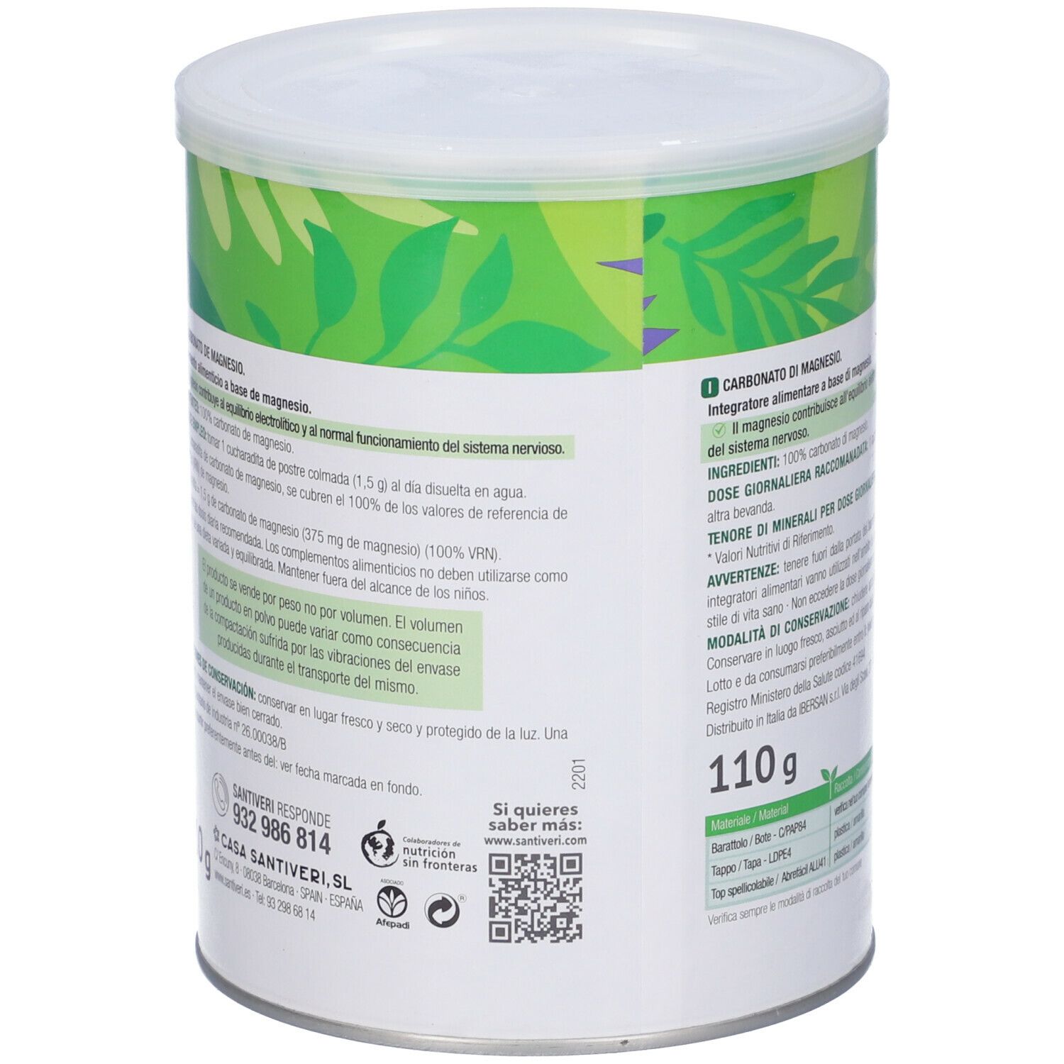 Boîte ronde avec couvercle blanc. Dos avec texte. Inscription : Carbonato de Magnesio. Marque : Santiveri. 110g.