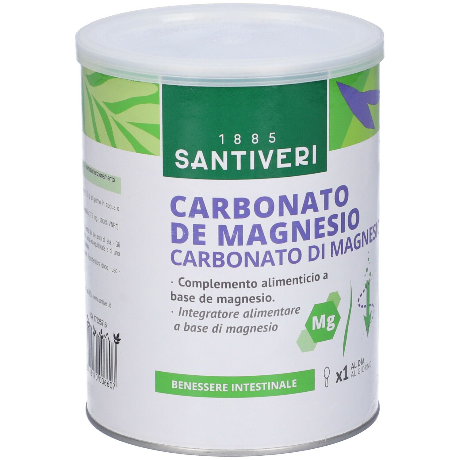 Boîte ronde avec couvercle blanc. Inscription : Carbonato de Magnesio. Marque : Santiveri. Emballage vert et blanc.