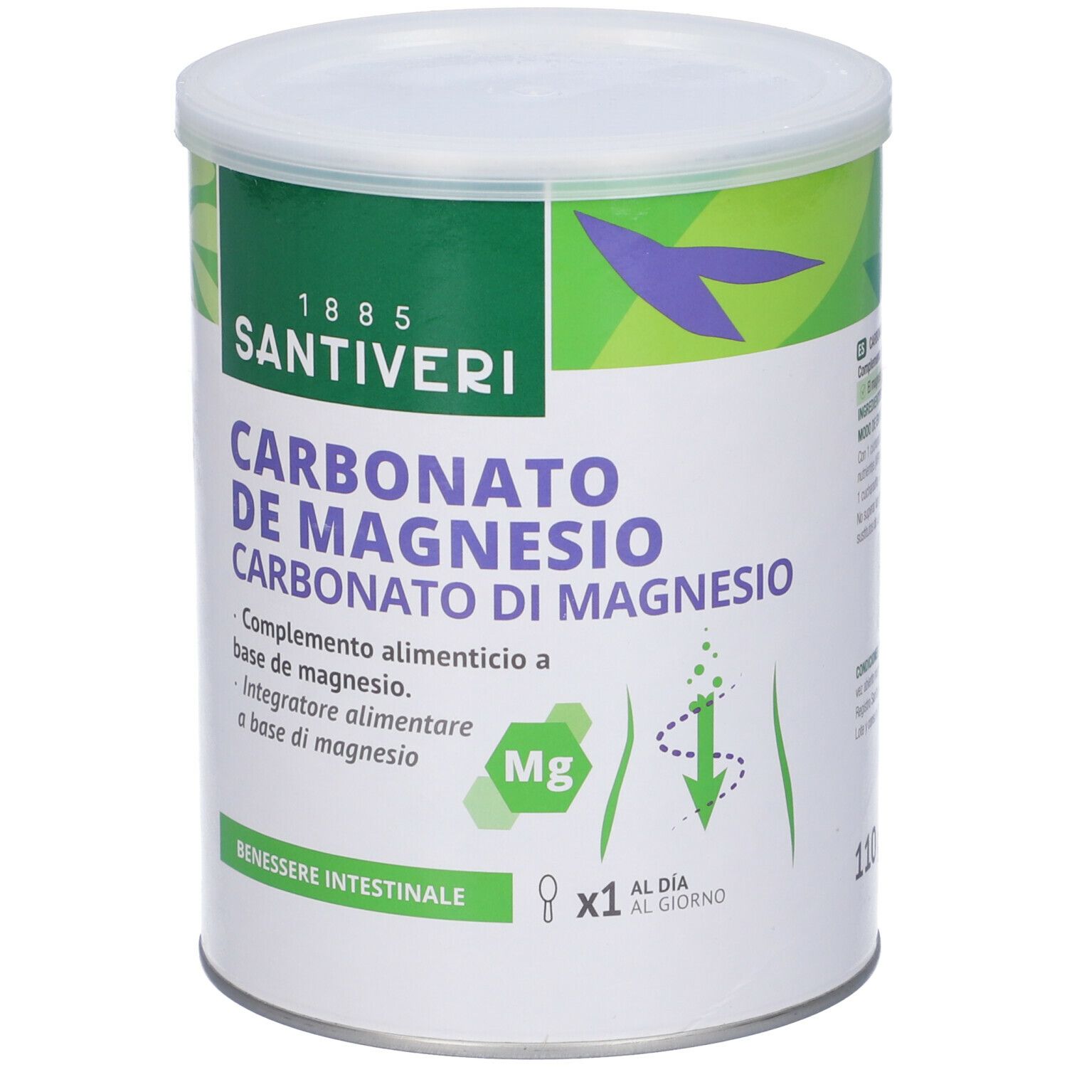 Boîte ronde avec couvercle blanc. Inscription : Carbonato de Magnesio. Marque : Santiveri. Emballage vert et blanc.