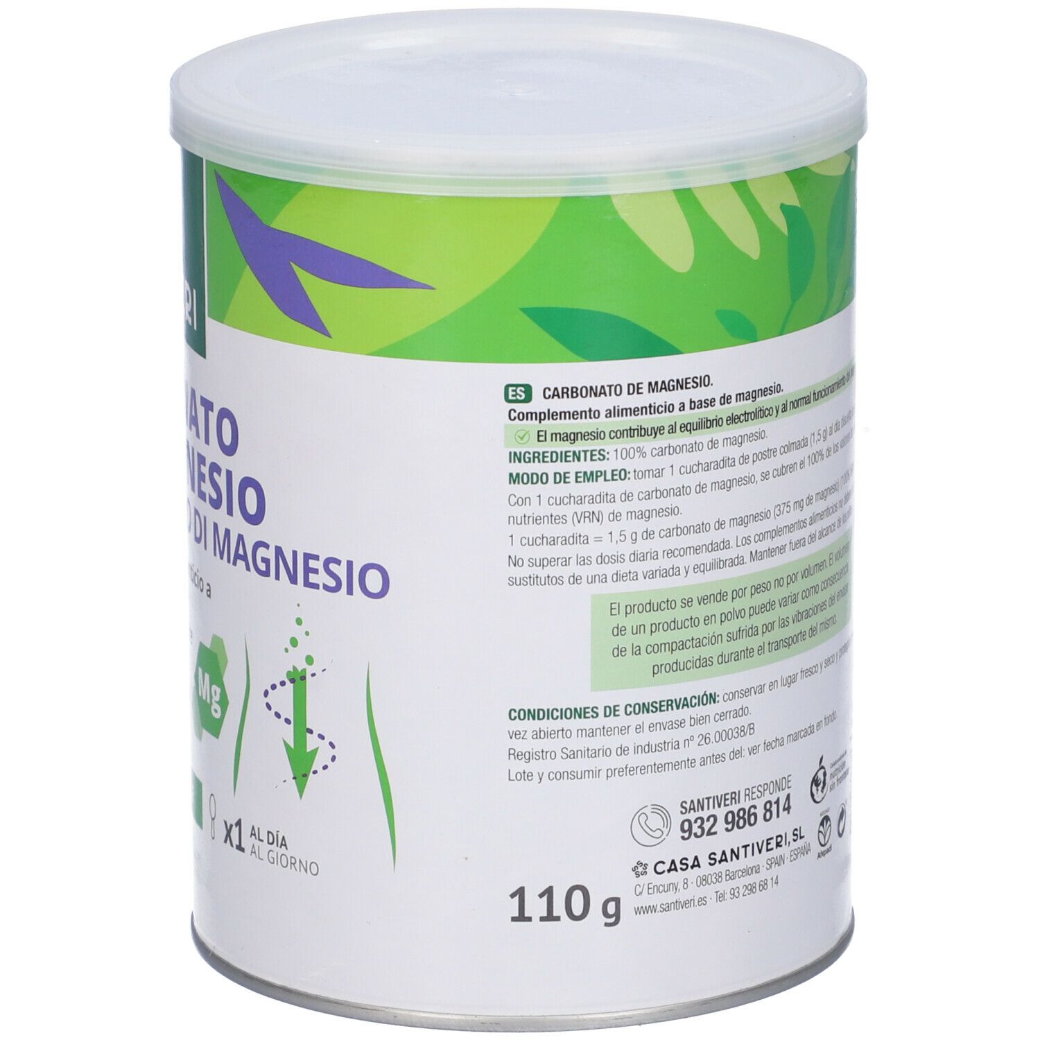Boîte ronde avec couvercle blanc. Dos avec texte. Inscription : Carbonato de Magnesio. Marque : Santiveri. 110g.