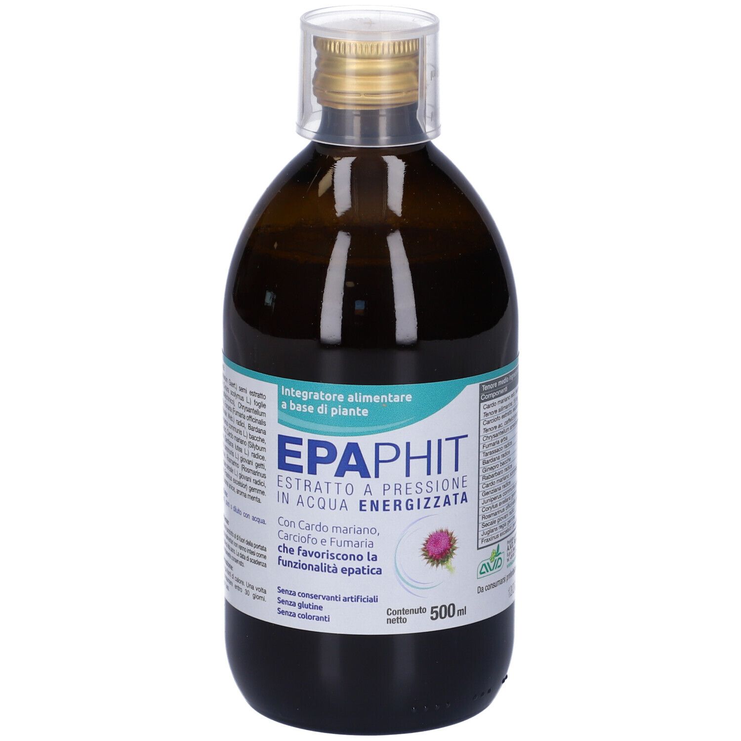 Flacon en verre brun avec bouchon doré. Impression : EPAPHIT, extrait, 500 ml. Sans gluten, colorants ni conservateurs artificiels.