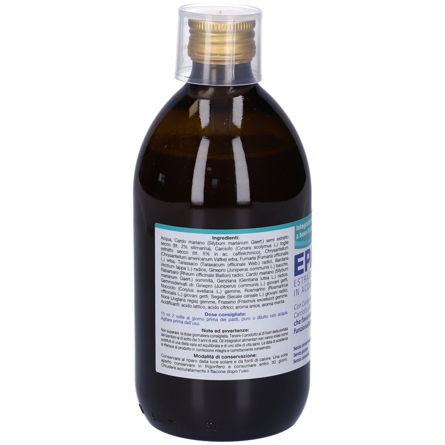 Flacon en verre brun avec bouchon doré. Impression : EPAPHIT, extrait, ingrédients. Texte en italien.