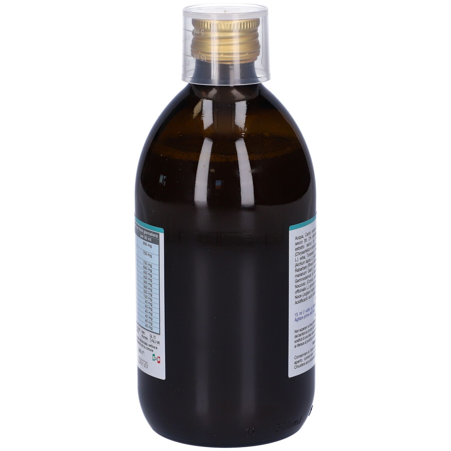 Flacon en verre brun avec bouchon doré. Impression : EPAPHIT, extrait, informations nutritionnelles. Texte en italien.