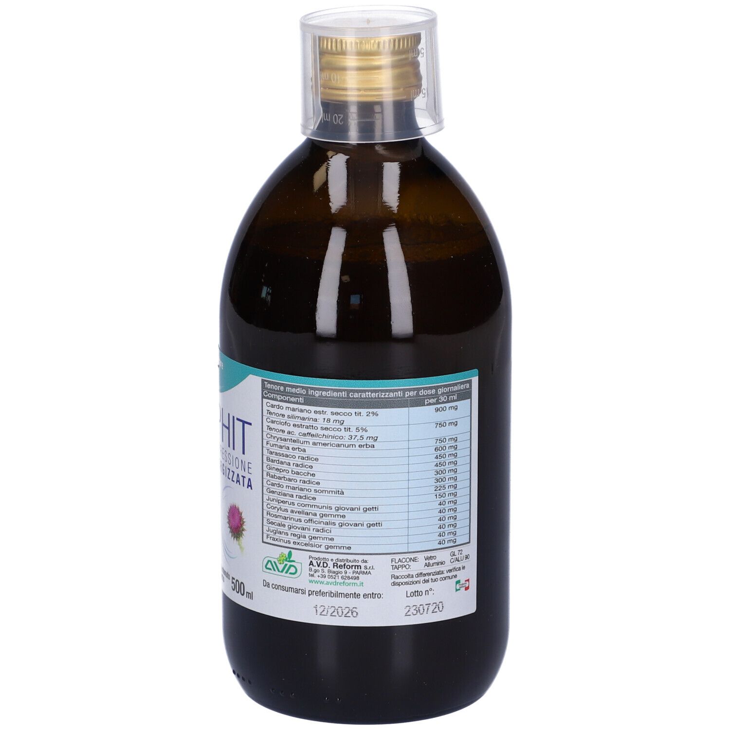 Flacon en verre brun avec bouchon doré. Impression : EPAPHIT, extrait, ingrédients. Texte en italien.