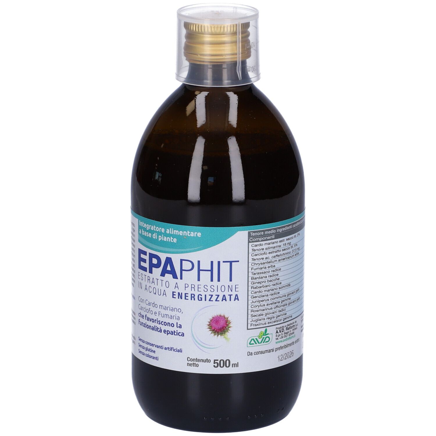 Flacon en verre brun avec bouchon doré. Impression : EPAPHIT, extrait, ingrédients. Texte en italien.