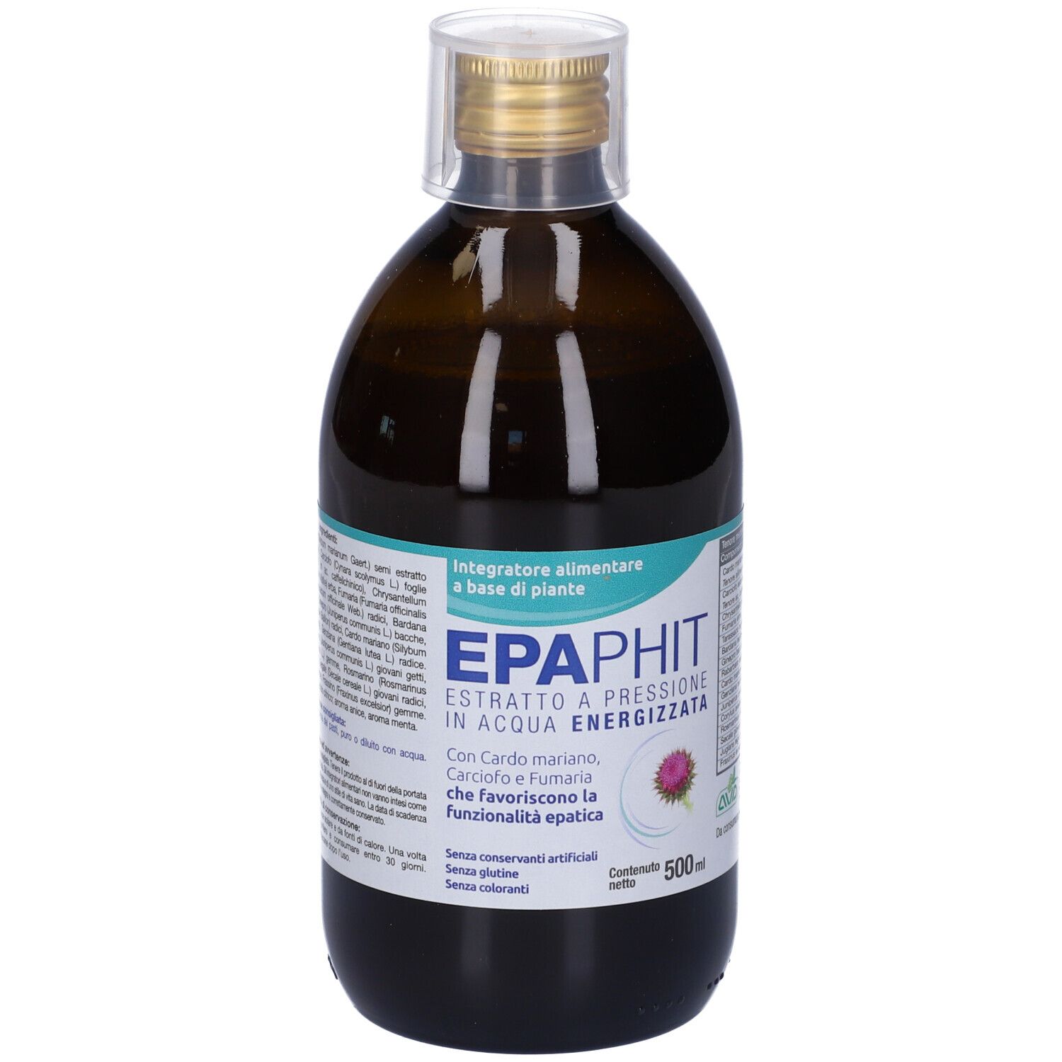 Flacon en verre brun avec bouchon doré. Impression : EPAPHIT, extrait, ingrédients. Texte en italien.