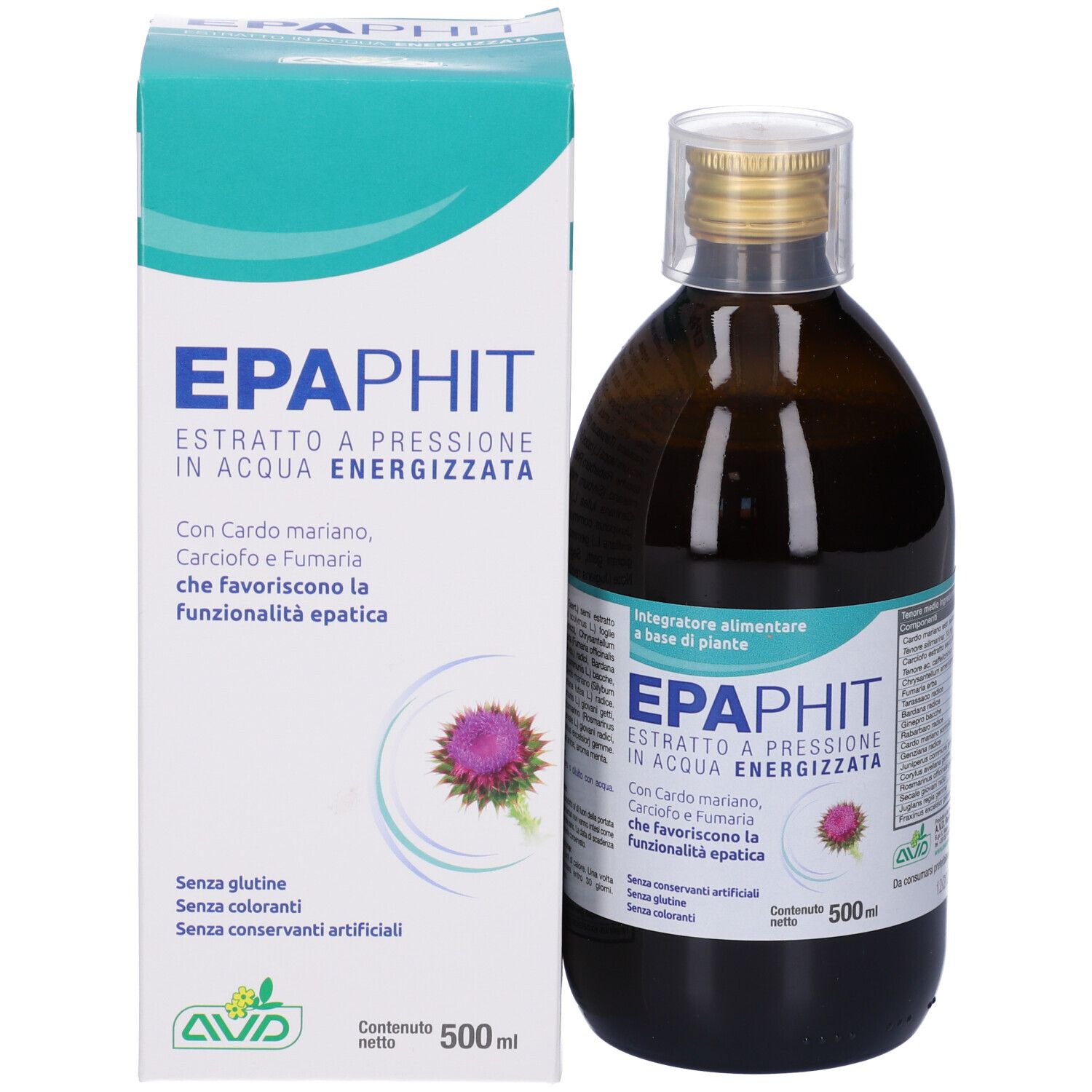 Emballage et flacon. Flacon brun avec bouchon doré. Impression : EPAPHIT, extrait, 500 ml. Sans gluten, colorants ni conservateurs artificiels.