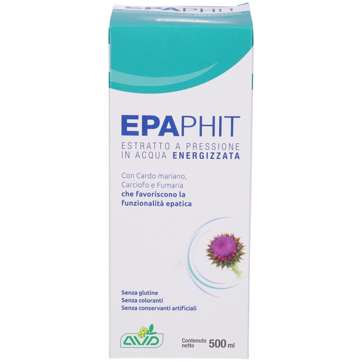 Emballage du produit. Boîte avec impression du produit. Texte : EPAPHIT, extrait, 500 ml. Sans gluten, colorants ni conservateurs artificiels.