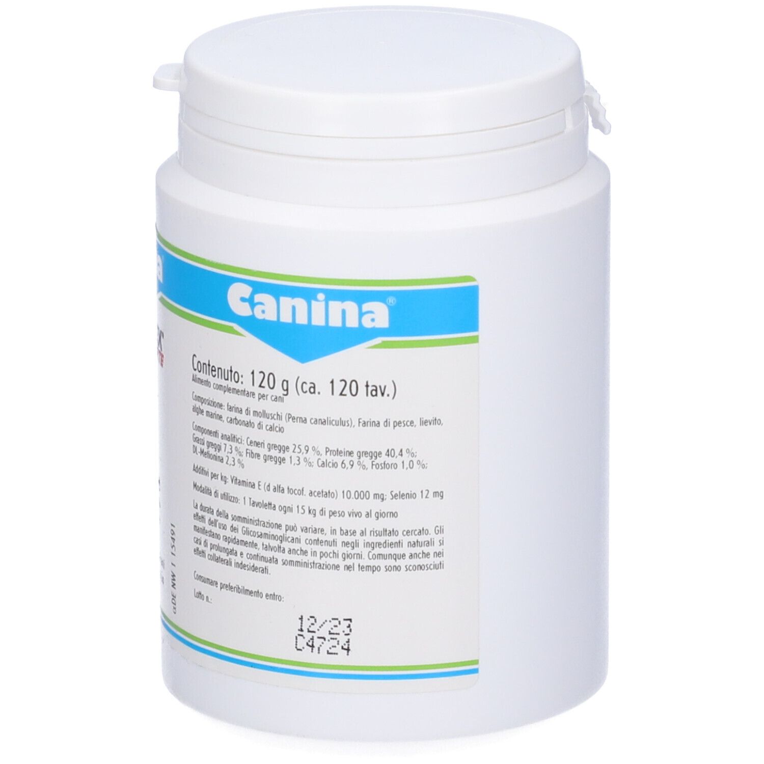 Boîte blanche avec bande bleue et verte. Inscription : Canina. Contenu : 120 g. Liste des ingrédients. Date de péremption.