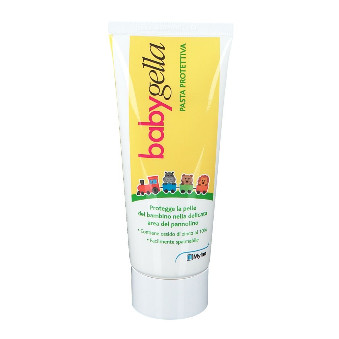 Tube de Babygella Pasta Protettiva. Tube jaune et blanc avec nom du produit et illustrations. Contient de l'oxyde de zinc.