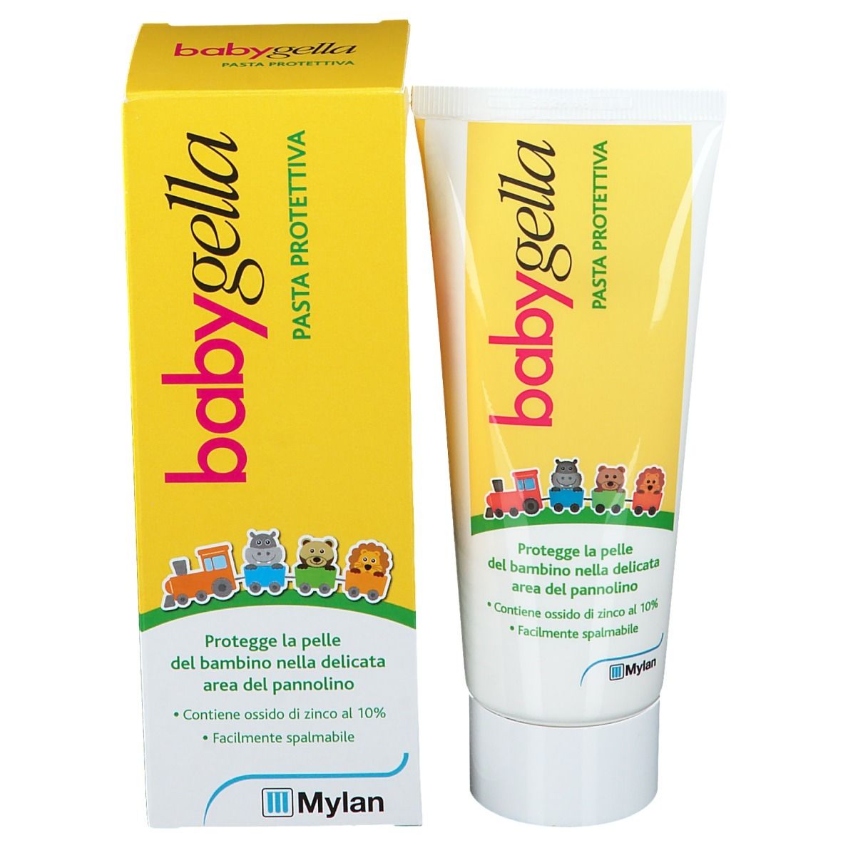 Babygella Pasta Protettiva avec emballage. Tube et boîte avec nom du produit et illustrations. Contient de l'oxyde de zinc.