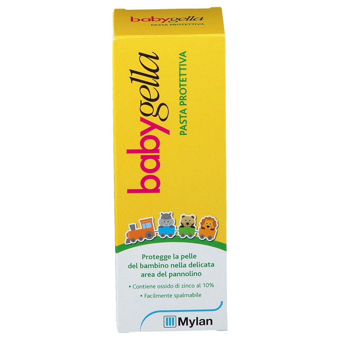 Emballage de Babygella Pasta Protettiva. Boîte jaune avec nom du produit et illustrations. Contient de l'oxyde de zinc.