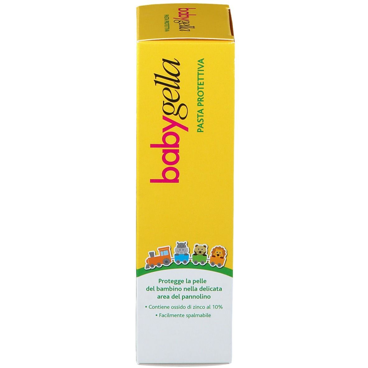 Emballage de Babygella Pasta Protettiva. Boîte jaune avec nom du produit et illustrations. Contient de l'oxyde de zinc.
